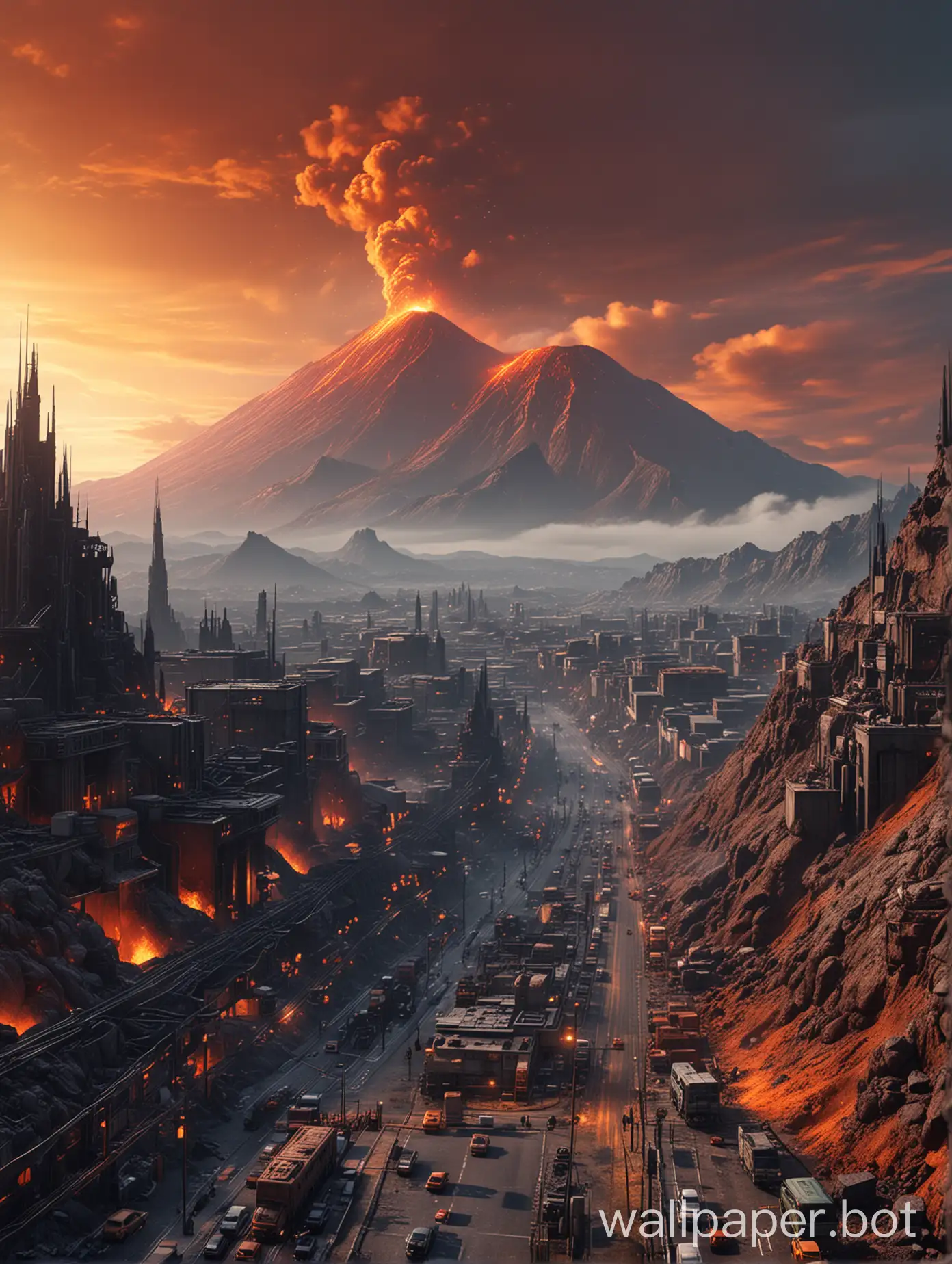 {1224-7145 View at City on Mountain, altered by Volcano (sci-fi, astropunk, dieselpunk, Post-apocalypse), defocused Dark cloudy orange sky at smog at lava rain, street view, UHD, RTX, Bokeh Blur, artwork by Alex Grey}, ultra hd, realistic, vivid colors, highly detailed, UHD drawing, pen and ink, perfect composition, beautiful detailed intricate insanely detailed octane render trending on artstation, 8k artistic photography, photorealistic concept art, soft natural volumetric cinematic perfect light