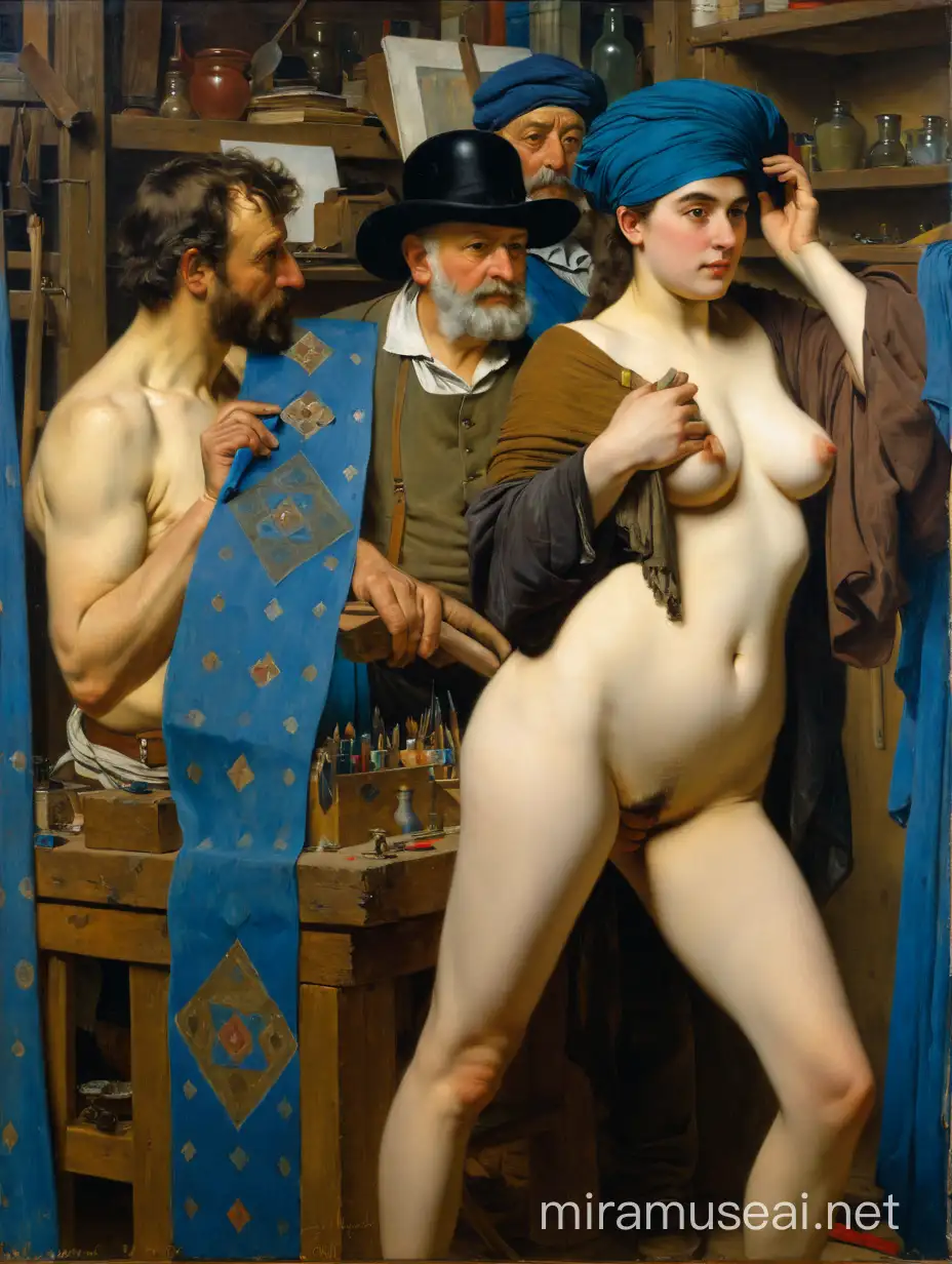 Old Artist Painting with Young Nude Model in Workshop