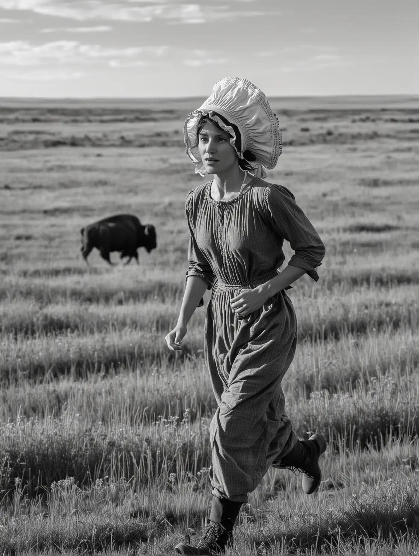A woman runs through the prairie. She is a pioneer and wears a bonnet. There are buffalo in the background. She is seen from the side. In black and white. 
