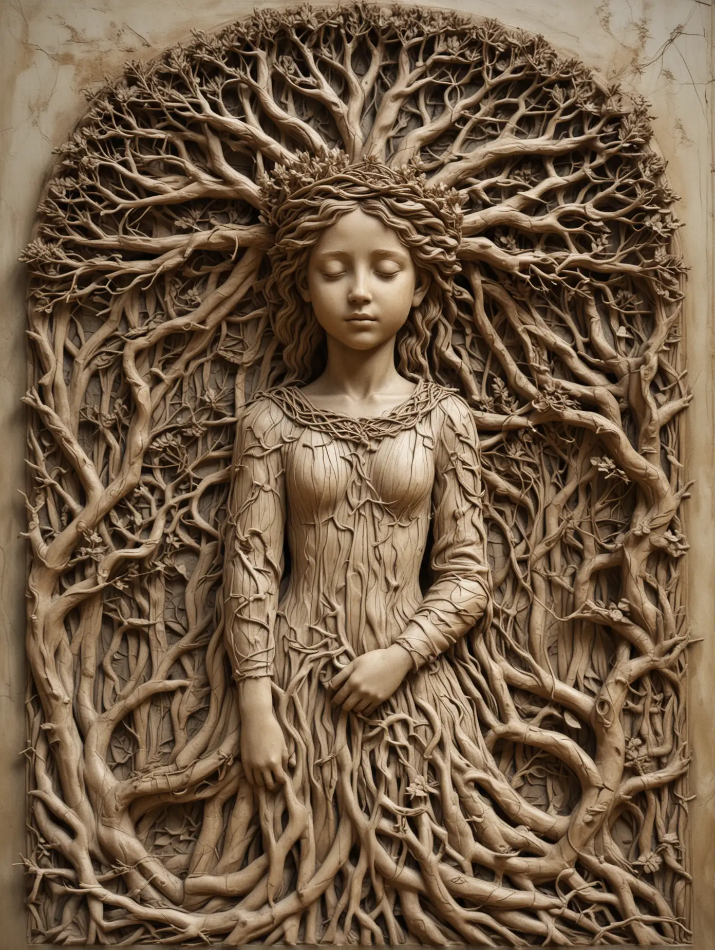 барельеф образ девушки в  кроне дерева с переплетением веток и корней 