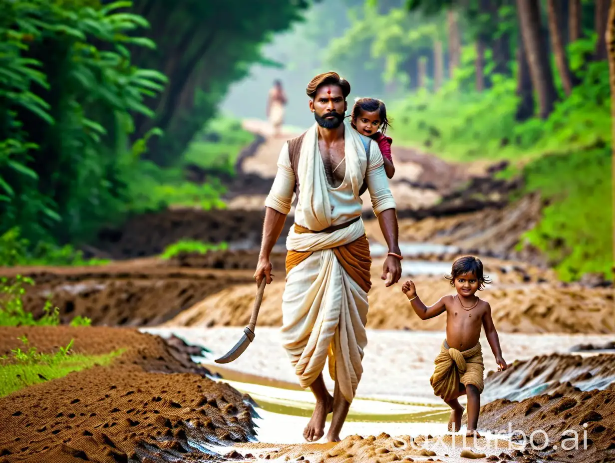 well-built man. 6.2 feet tall. alone on carrying a little girl on his upper shoulder. running fast to save their life on a mud road barefoot. man wearing white dhoti & cream color shirt. girl wearing Indian style dress. man holding girl in one hand & has an axe in one hand. period is the 1920s in India. vintage feel. Cinematic lighting. man is just wearing Indian style half white dhoti. cinematic lighting. realistic. period 1920s in India.