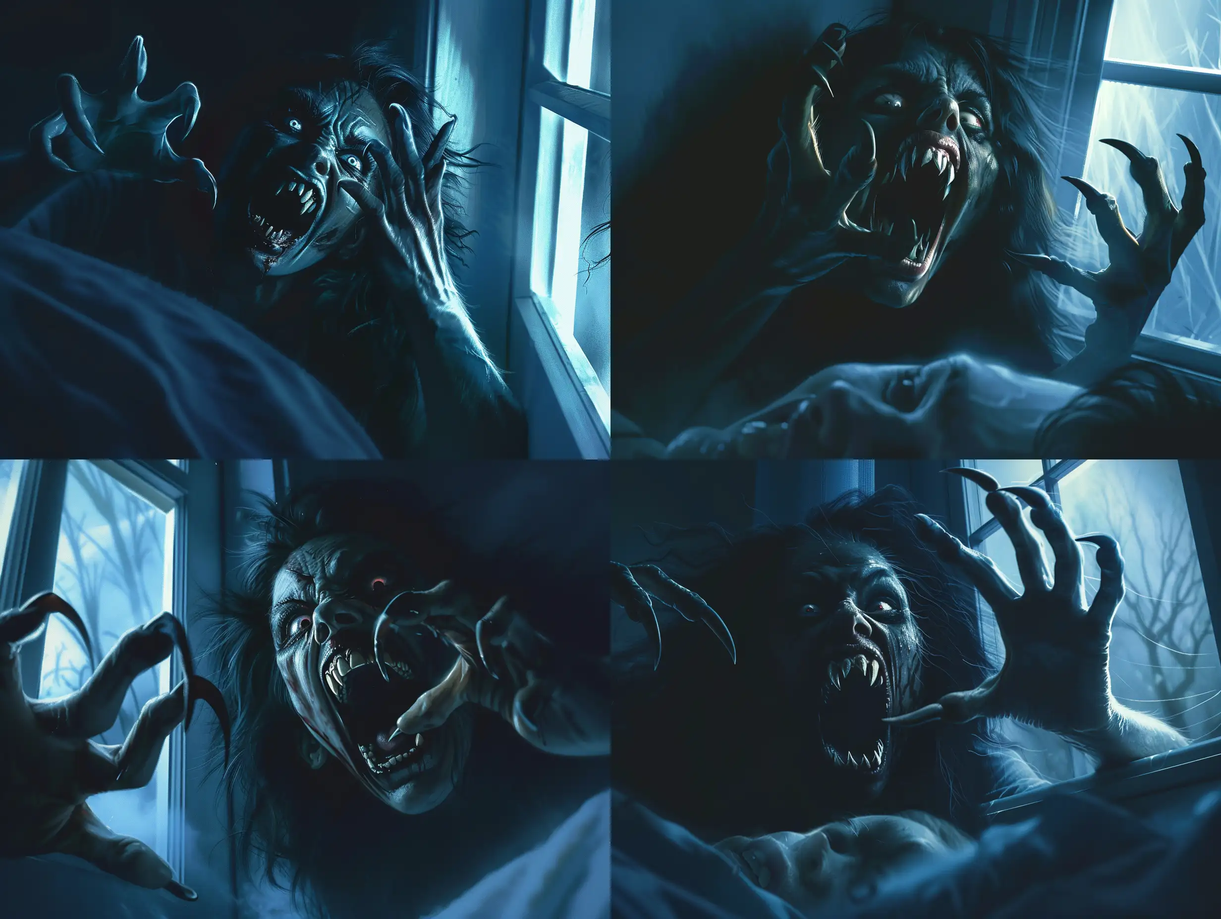 A horrifying nightmare scene of female vampire with long, curved fingernails sticking out of her fingers like menacing claws, her mouth open menacingly, exposing sharp teeth that resemble fangs, she stands at the bedroom window above a sleeping man, hyper-realism, cinematic, high detail, photo detailing, high quality, photorealistic, aggressive, dark atmosphere, realistic, the smallest details, detailed nails, horror, atmospheric lighting, full anatomical, photorealism, detailed, textured, dark, haunting, night-time scene, intense, creepy, undead, spooky, eerie, atmospheric lighting, nightmare, grotesque, terrifying, realistic anatomy, human hands, very clear without flaws with five fingers.
