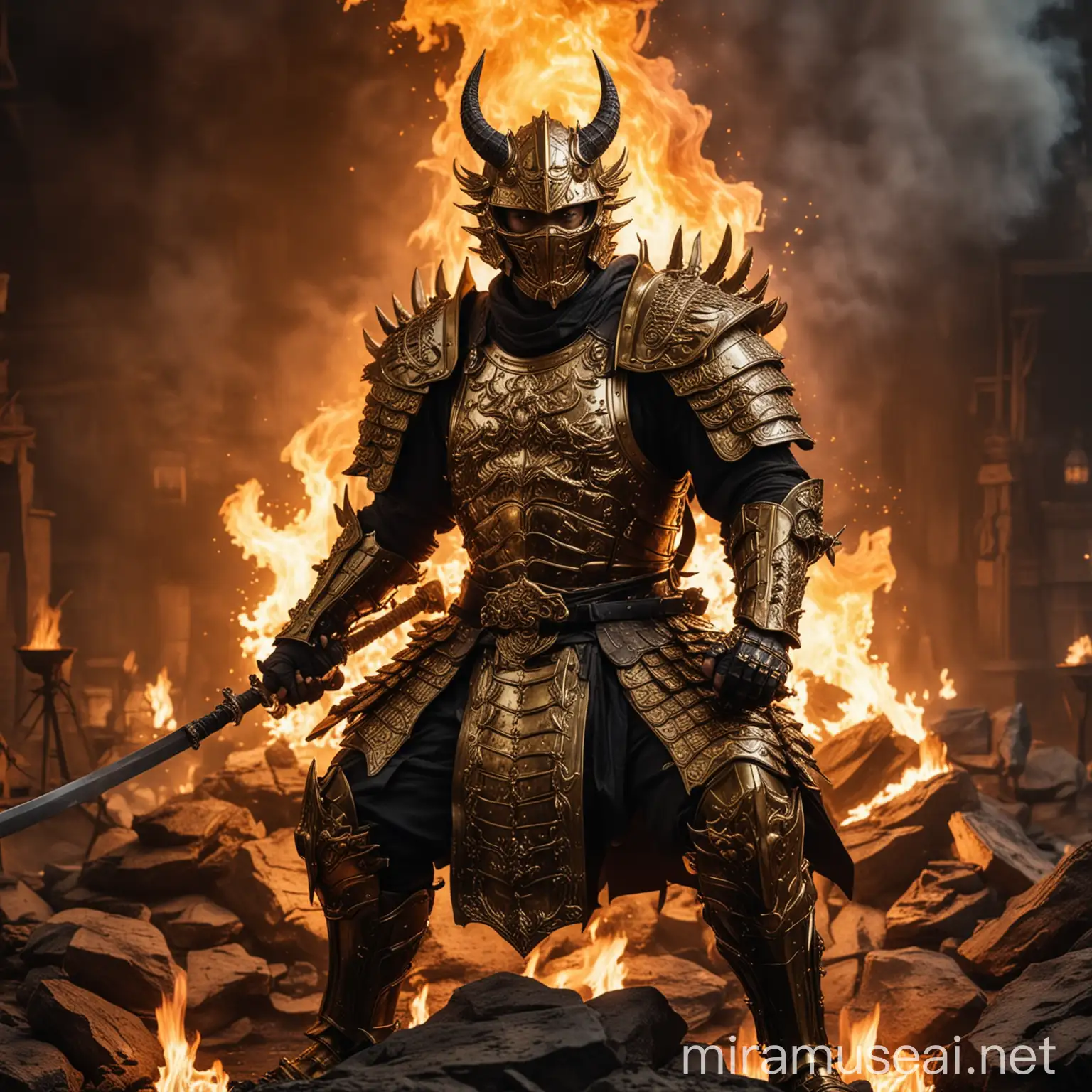 Black Samurai Warrior in Gold Dragon Armor Raises Whiskey in Firelight