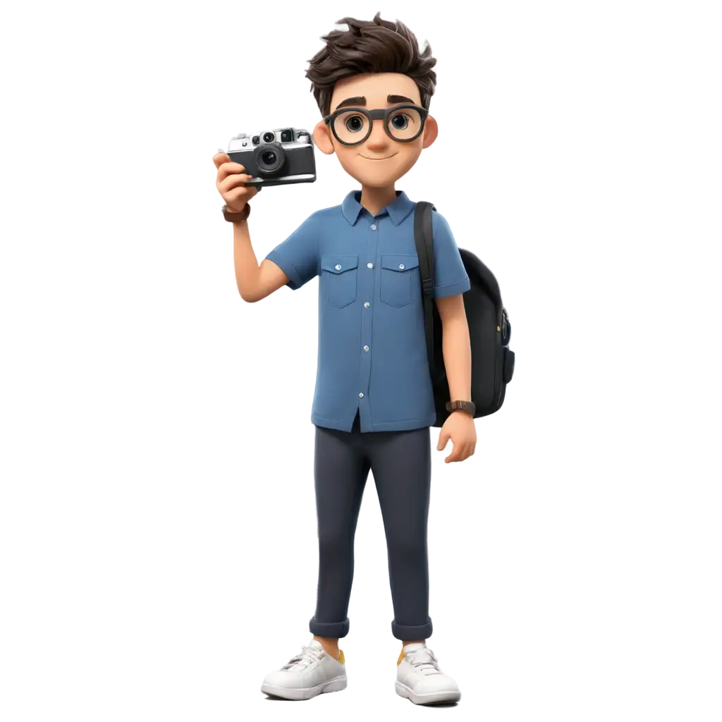 little cute cartoon boy half body with eyegalasses and camera
