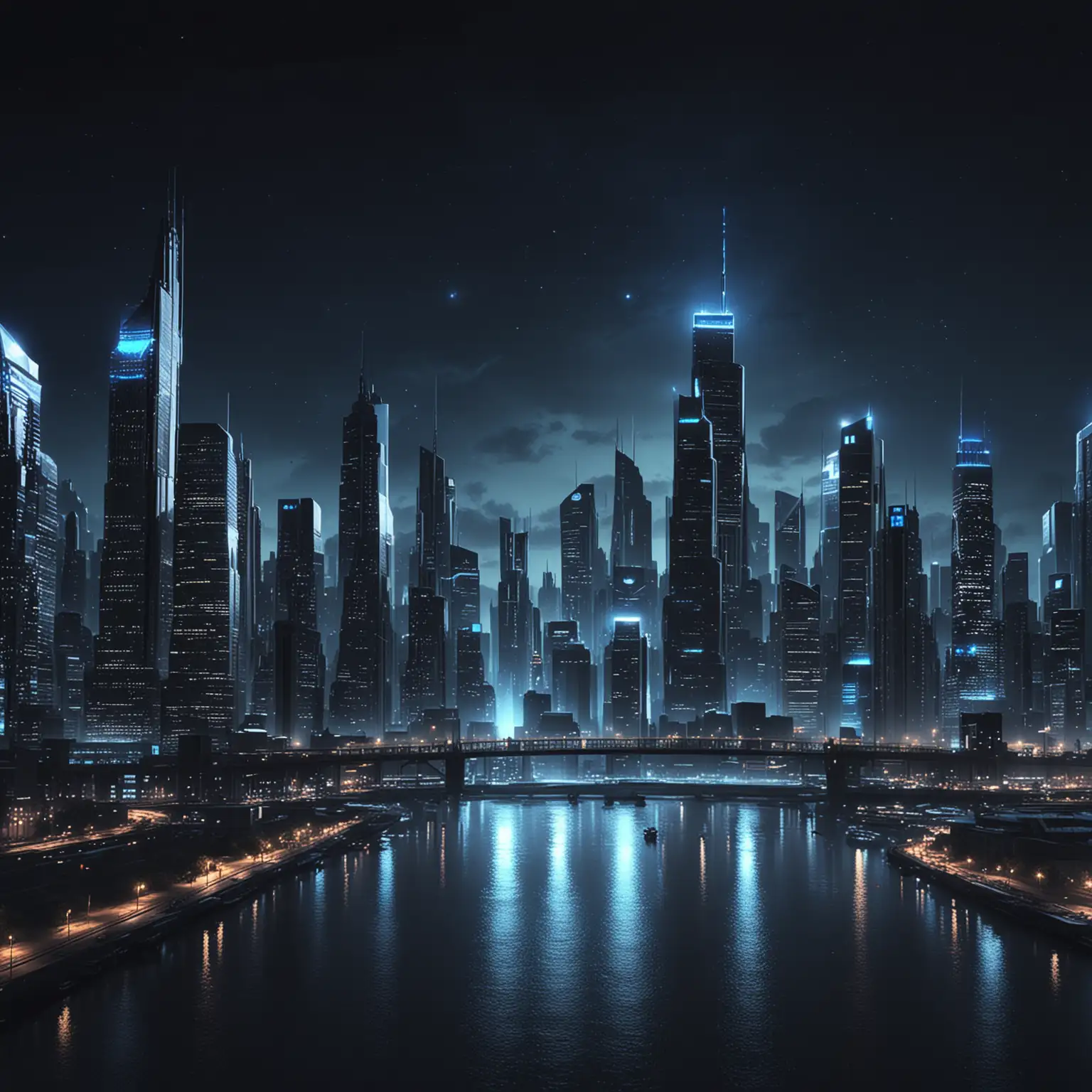ULTRA REALISTIC high definition, night time city skyline, with blue lights, in dark cinematic lighting