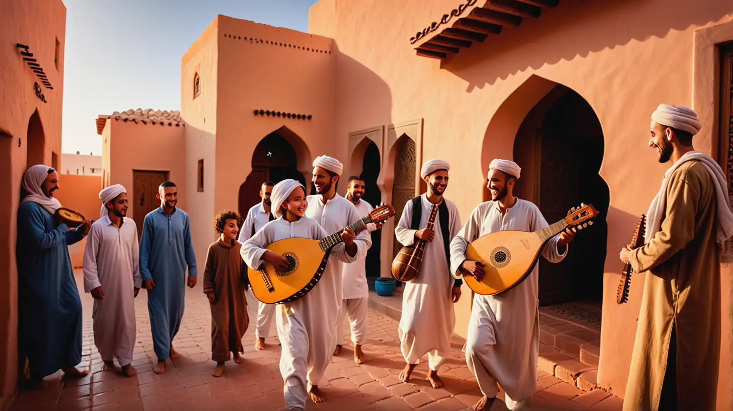 A moroccan musician carrying his Arabic lute reunite with his family in front on their traditional Moroccan home, men, women, children, everybody is happy, they embrace, full standing figures, cinematic, early morning lignt