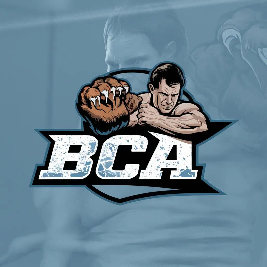 a logo design,with the text "BCA", main symbol:Bear claw in mascular man hand while wrestling,Moderate,clear background