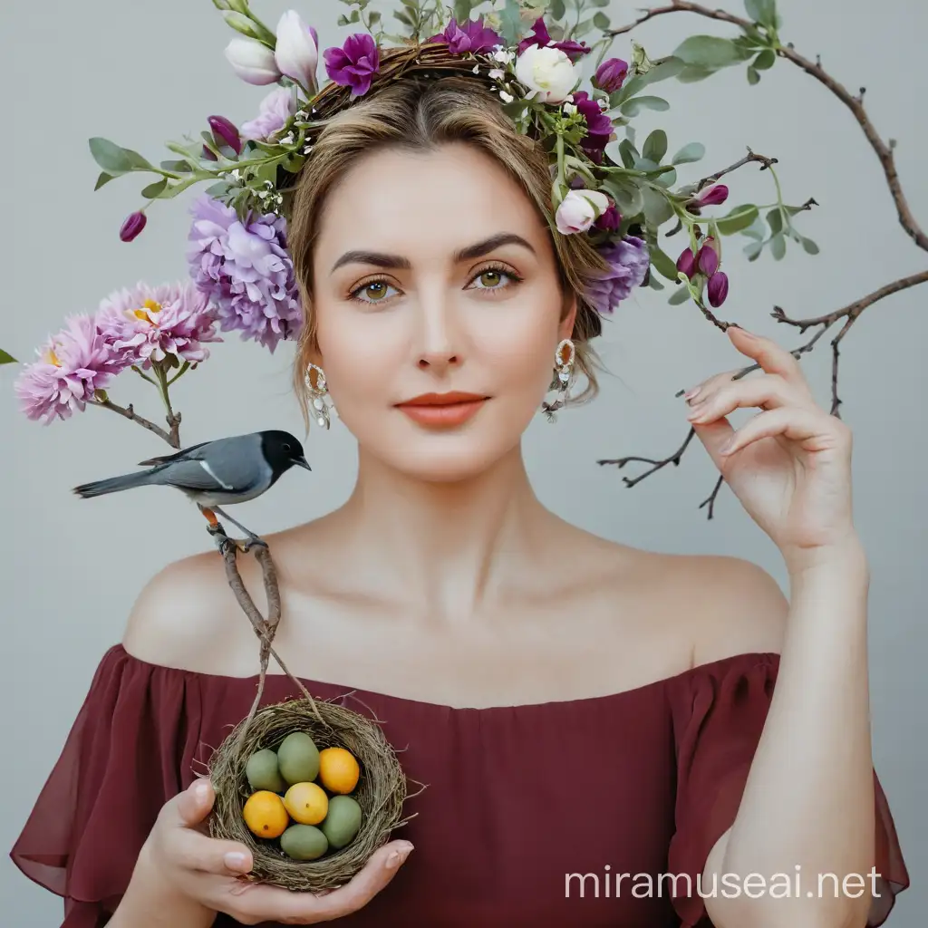 Woman with Floral Crown Holding Bird and Nest