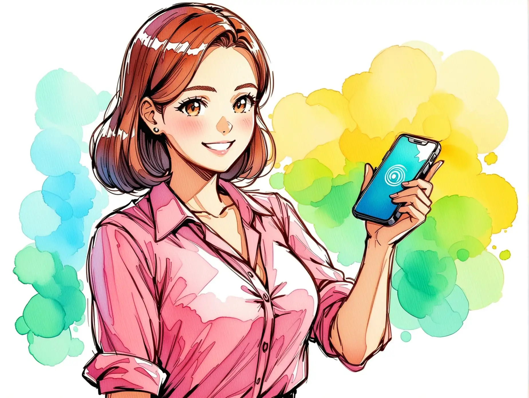 Cheerful-Museum-Guide-with-Phone-Watercolor-Sketch