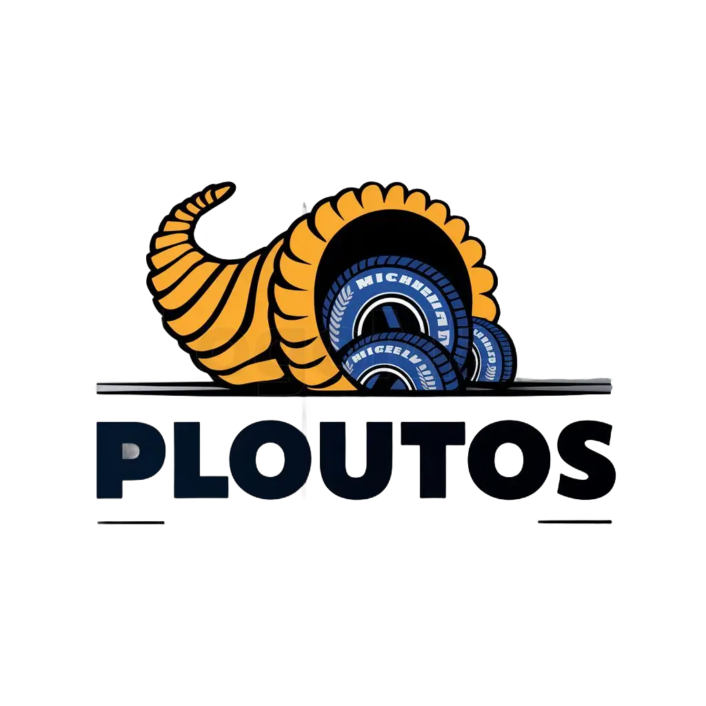 a logo design,with the text "ploutos", main symbol:corne d'abondance pneu blue yellow michelin,Moderate,be used in pneu industry,clear background