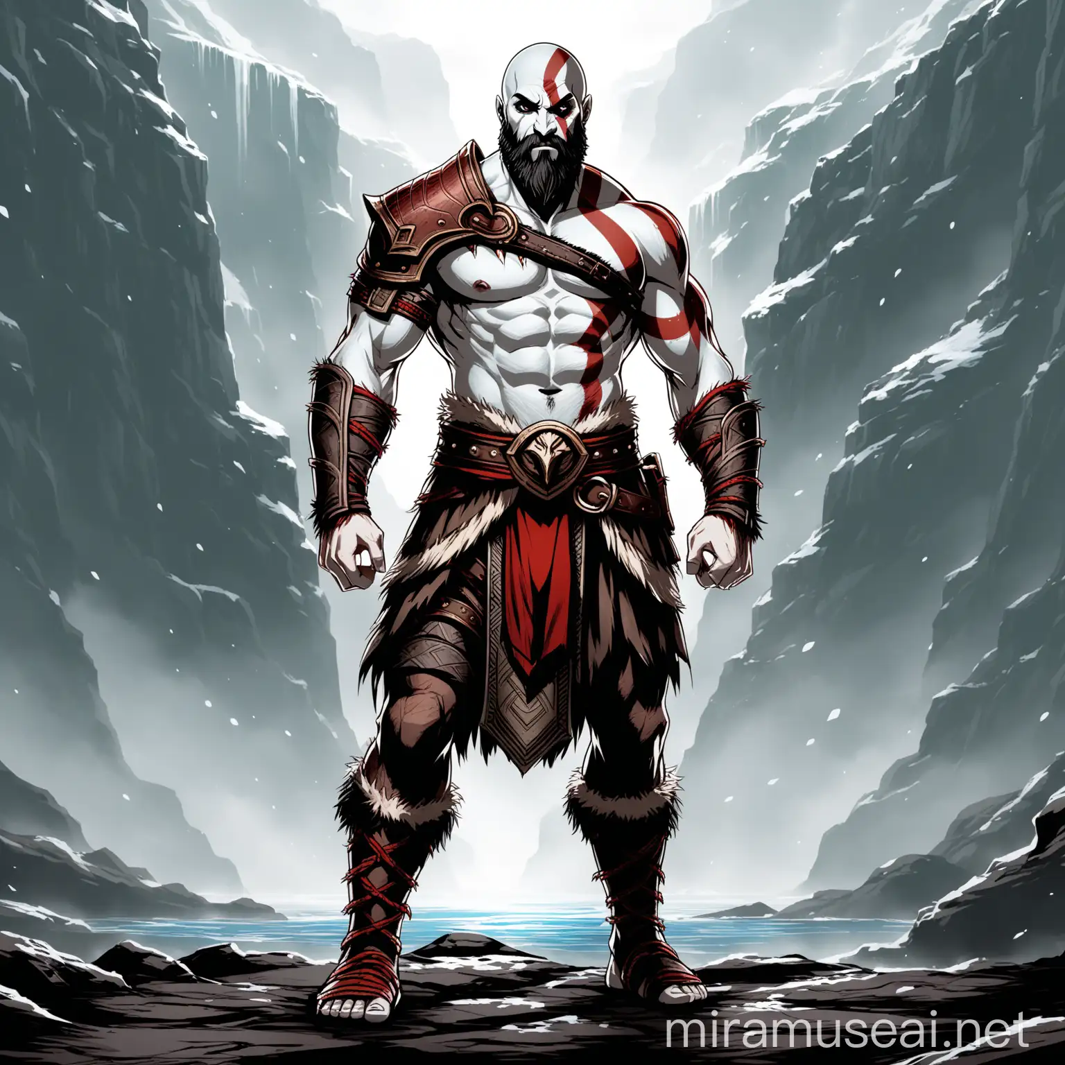 kratos from god of war ragnarok looking at the camera full body