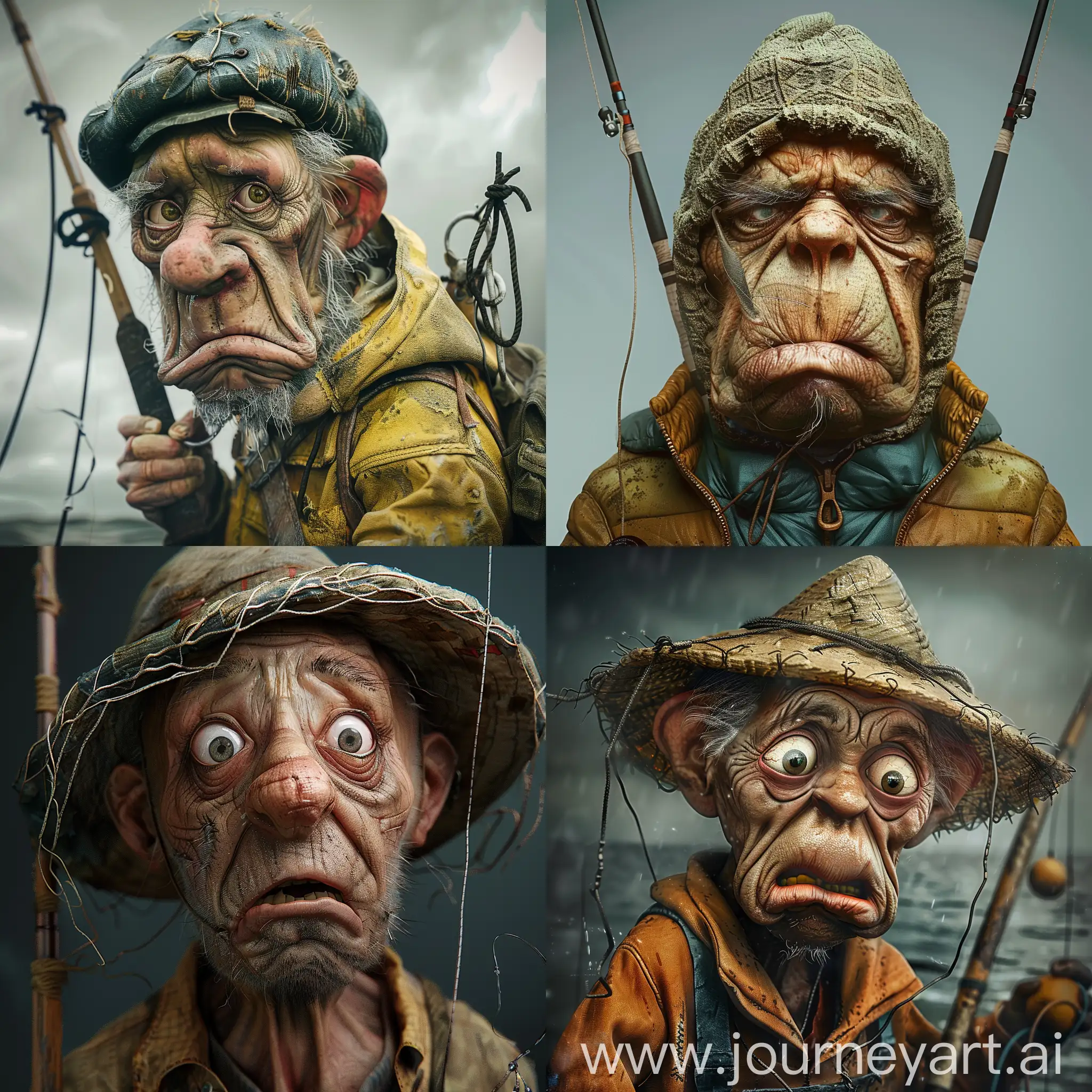 photorealistic image of a fisherman with a dumb face
