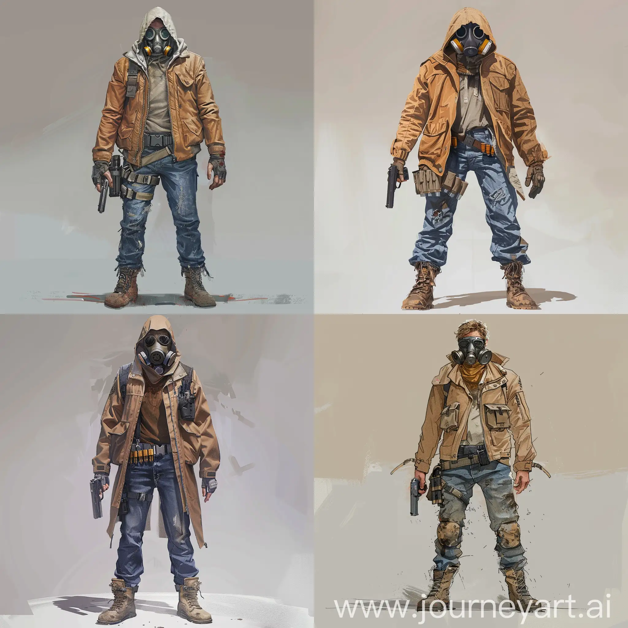 Concept art character, a light brown windbreaker jacket, a gasmask, dirty blue jeans, military boots, a belt with pouches on it, a pistol in his hand.