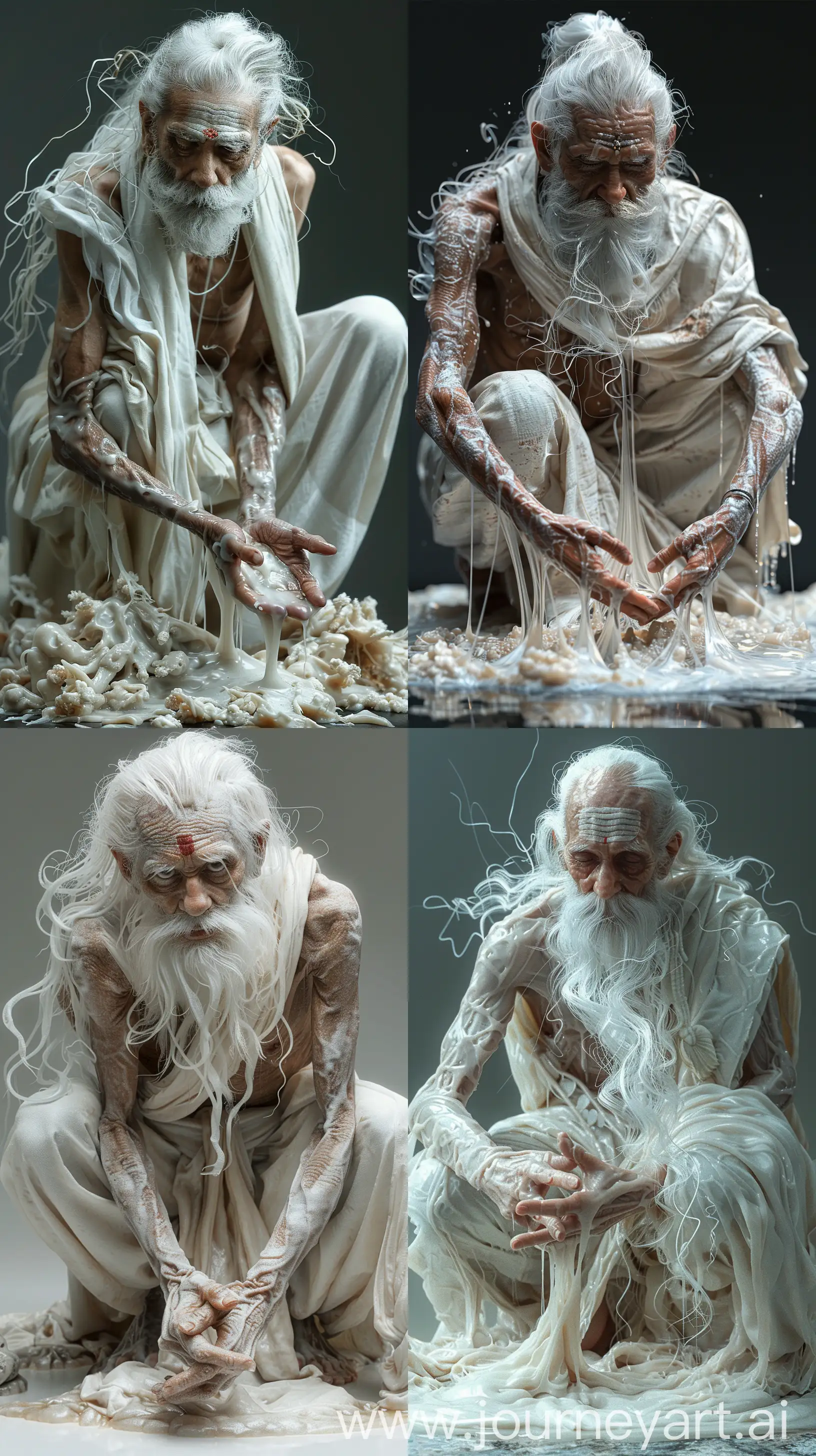 Elderly ancient Indian sage, minuscule as an ant, draped in white attire, white flowing hair and beard, on his knees with hands joined, coated in slimy transparent gel, highly intricate details, high resolution --s 400 --ar 9:16 --v 6