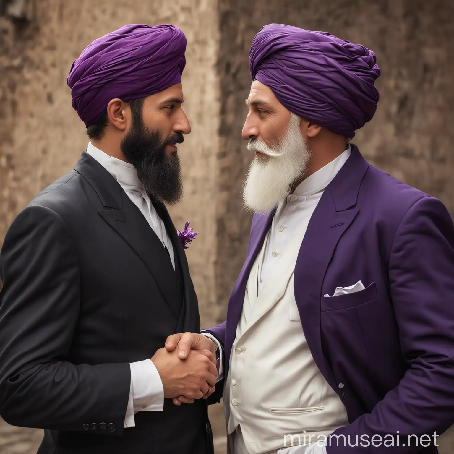 on the left western man with elegant black suit without turbans and without beard. he shakes hands with a genius, with white suit, beard under his chin, a purple turban on his head. they look each other in the eyes
only one must have a beard