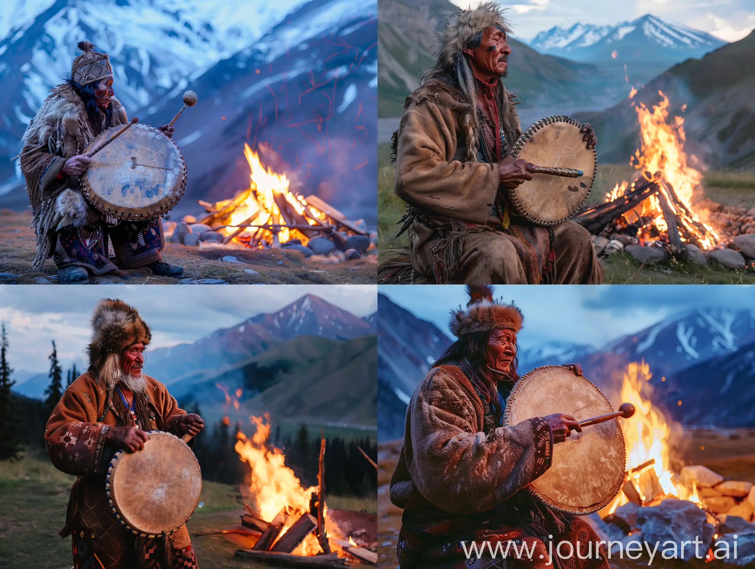 A powerful selkup shaman is drumming his big tambourine in the mountains in the stunning evening by the big bonfire, in a state of trance, ultraHD, shot on Leica, a prize-winning photo