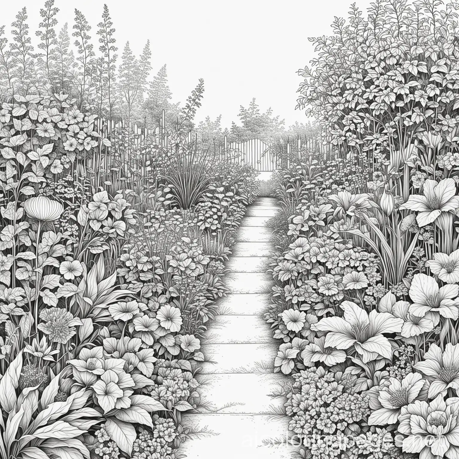 a growing garden, Coloring Page, black and white, line art, white background, Simplicity, Ample White Space