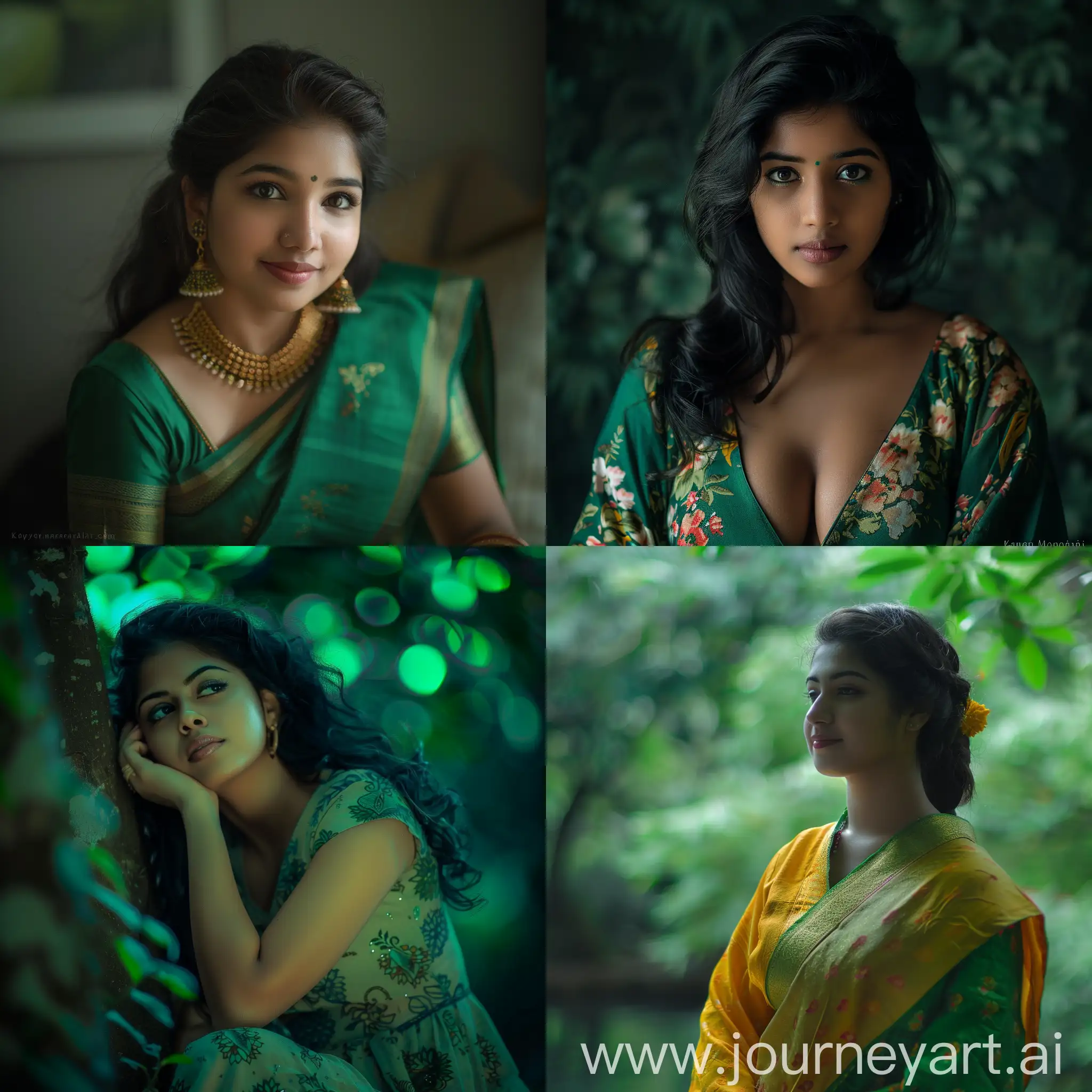 Kavya Manohari Meenakshi, a Malayali young woman from Kerala, extremely beautiful, curvy, alluring, Japanese background, high quality, green tone, professional photography, canon lens, 64 pixel, RAW photo