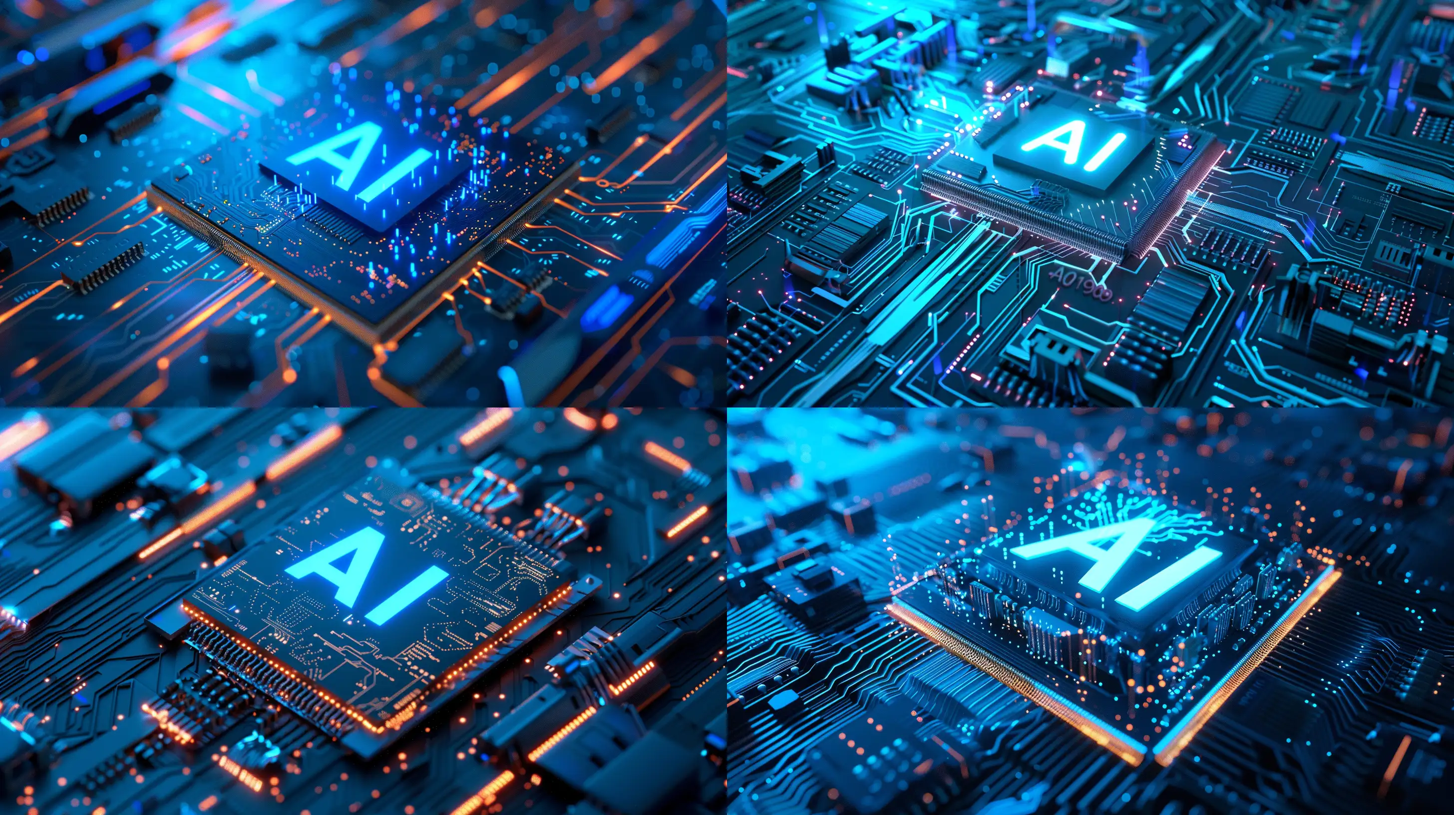 Create a highly detailed digital rendering of an advanced microchip, featuring a large 'AI' symbol on top, surrounded by glowing circuits and data streams. The image should depict a futuristic and technological ambiance, highlighted with blue tones and bright light effects --ar 16:9