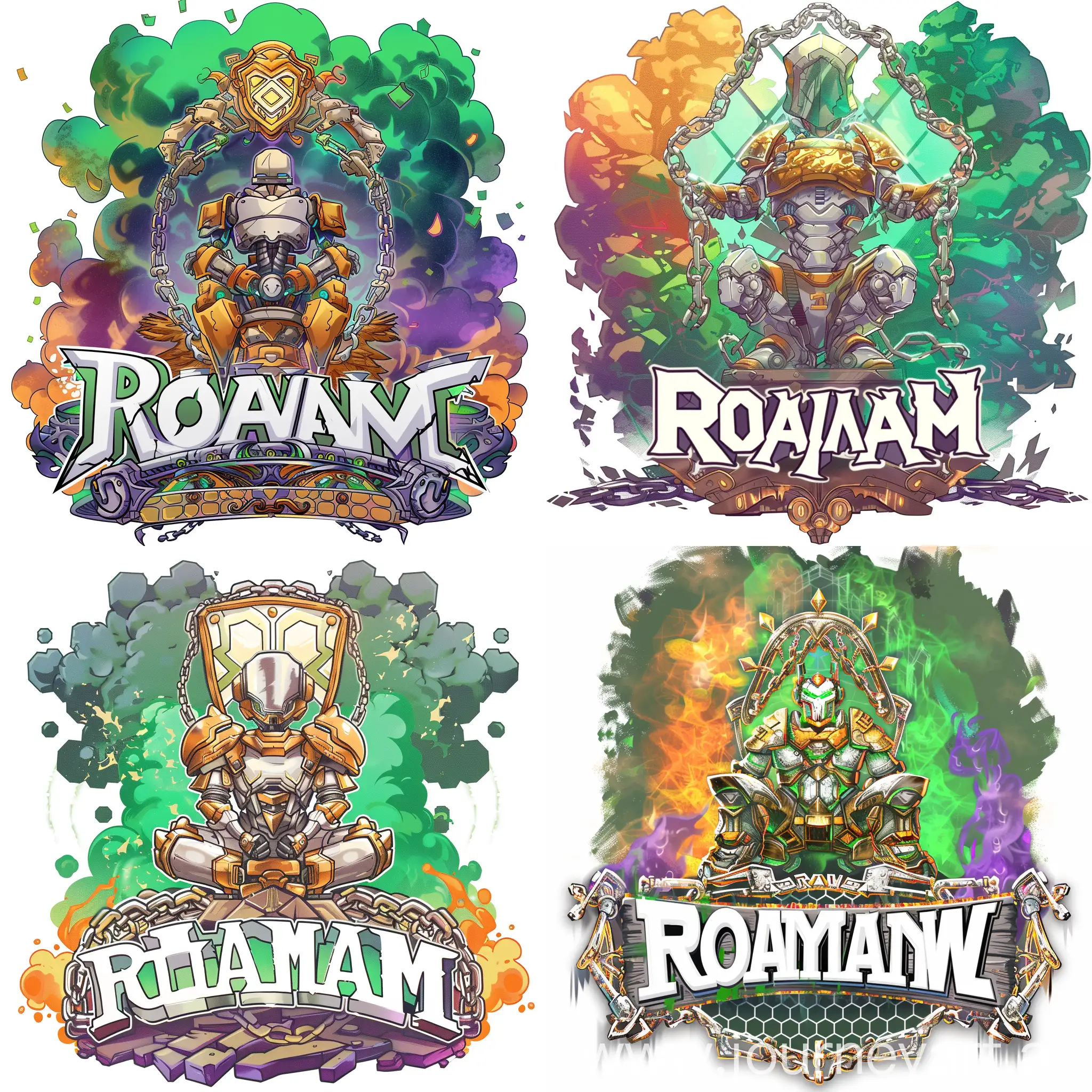 png white background, 2D game logo, in white letters the word "Roamer" is written, the lettering is surrounded by chains, the lettering is in a decorative frame, above the word is a large seated robot, the robot is painted in gold silver and green colors, behind the robot is a shield with a hexagonal cell pattern, the background is a mixture of green, orange and purple smoke, in the style of animated illustrations, text-based --style raw