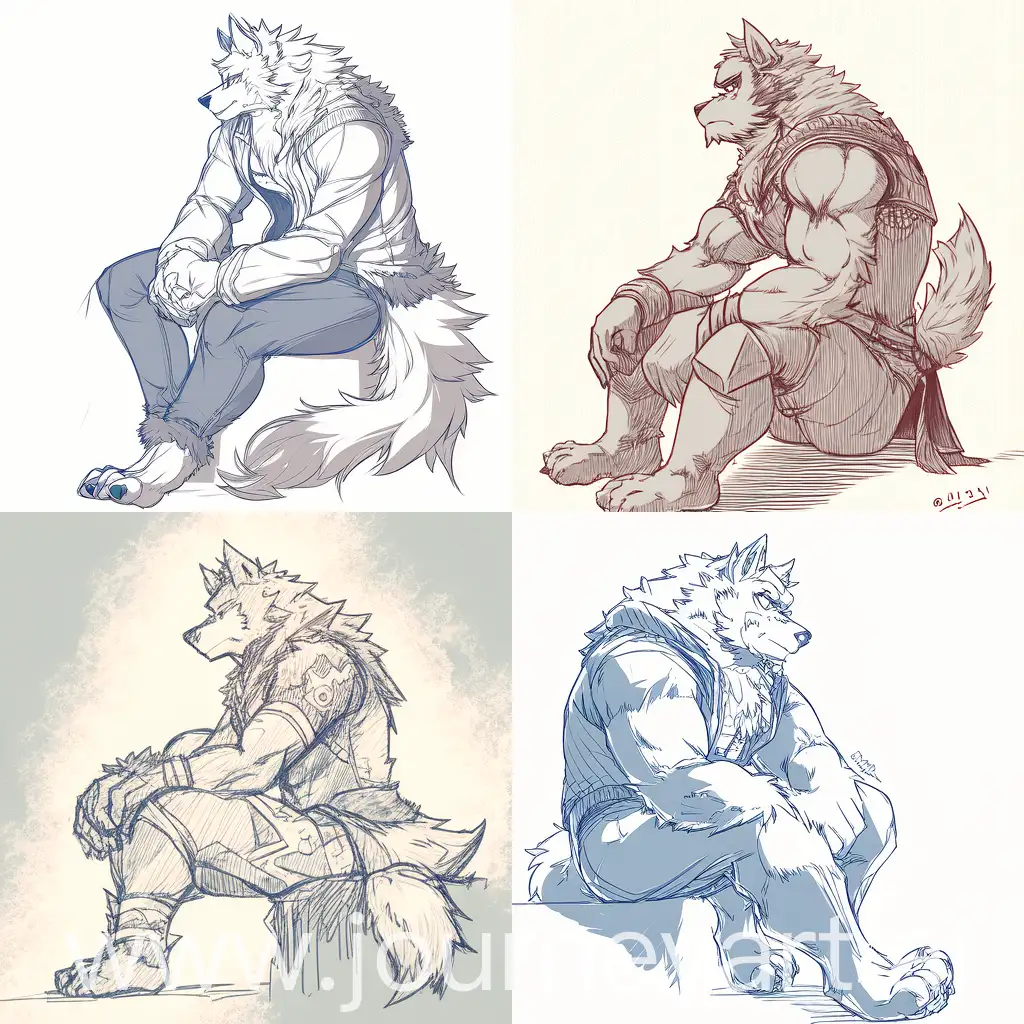 Western-Style-Furry-Wolf-Beast-Man-Line-Drawing