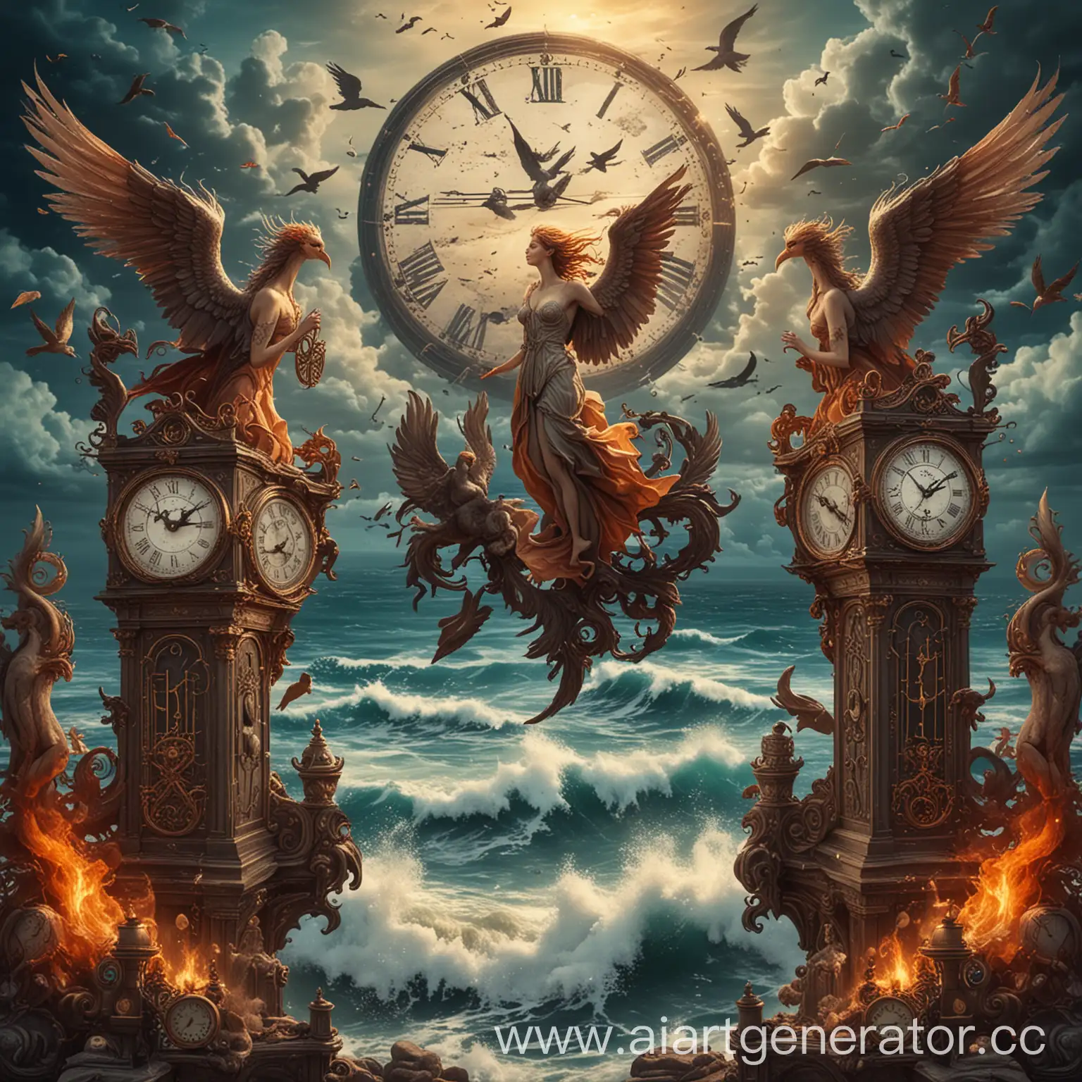 Celestial-Battle-Angels-and-Demons-with-Phoenix-Bird-and-Clocks-by-the-Sea