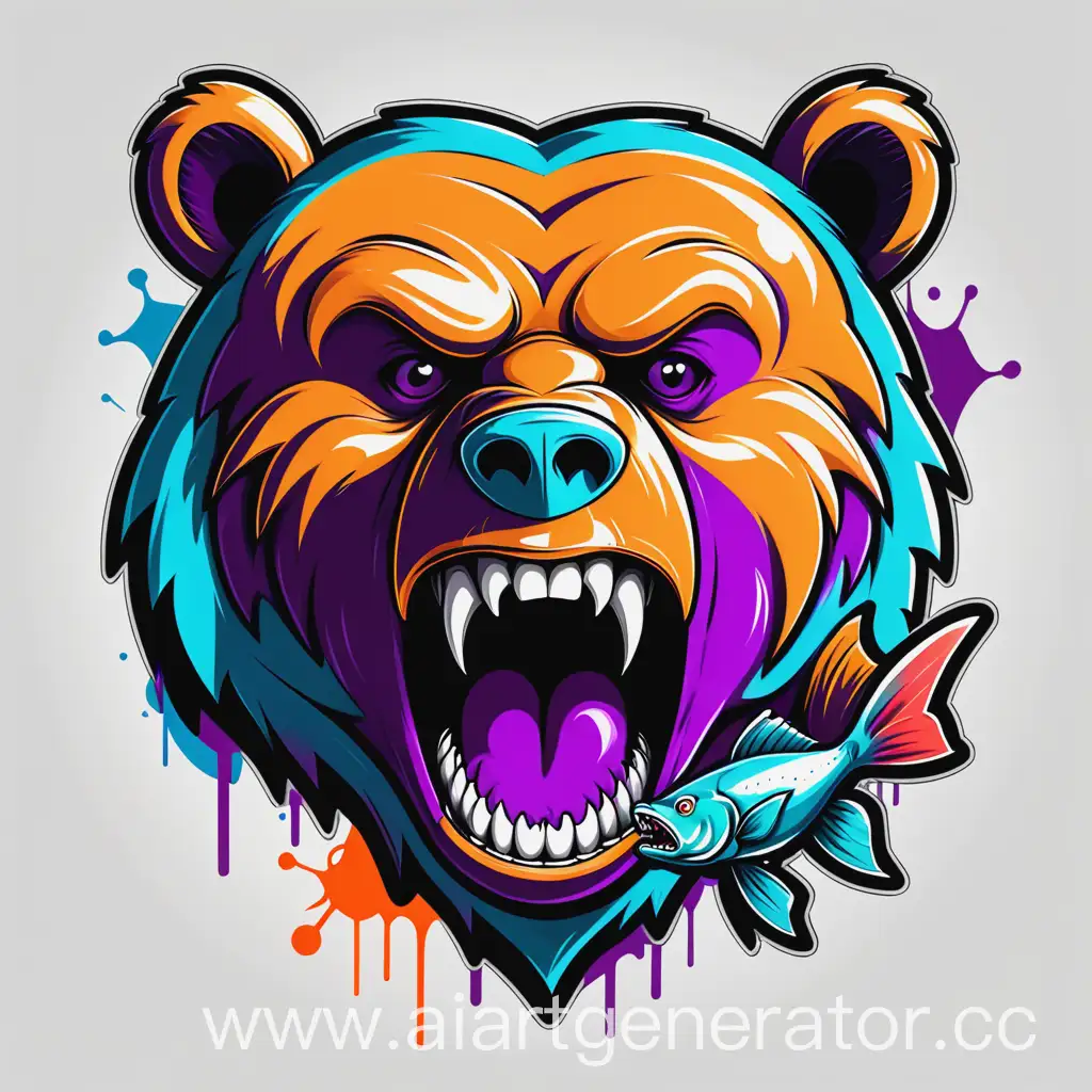 логотип голова медведя с рыбой в зубах в стиле граффити  кислотные цвета