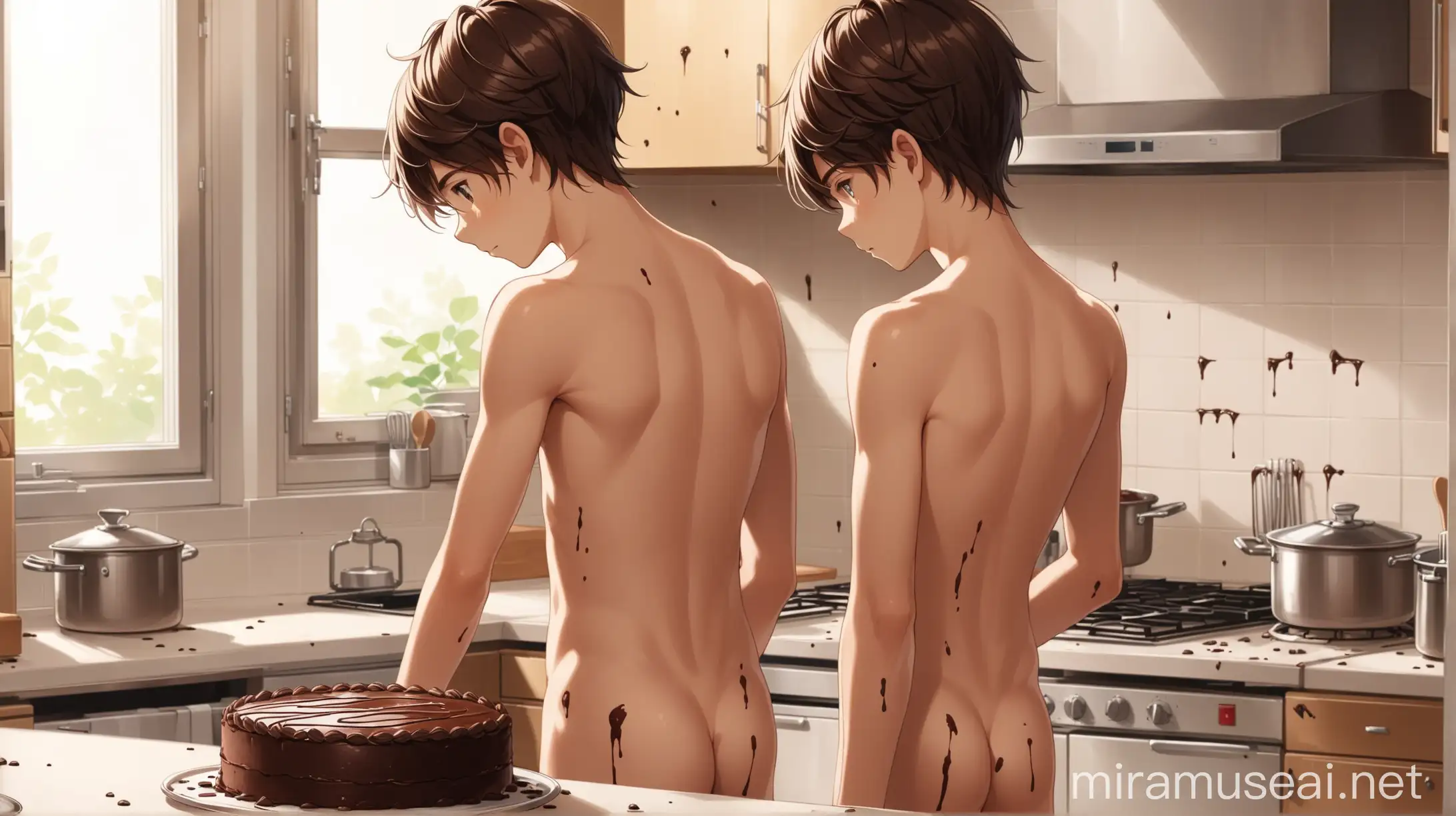 wide shot, back view, a naked, cute handsome 14-year-old boy, in apron, cooking a chocolate cake in a kitchen, chocolate stains everywhere 

