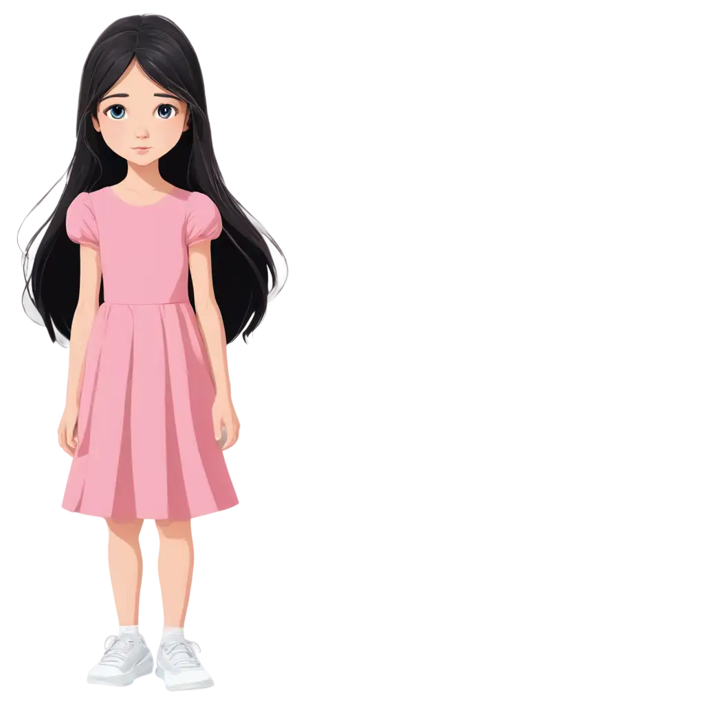 cartoon drawing: A beautiful little girl with white skin, big hazel eyes and long black hair but not too long. She sad. She is around 13 years old. She is wearing a pink dress and white shoes. She has white skin. she is sad. Make it more like a drawing and not like a photo. she is looking back at her friends