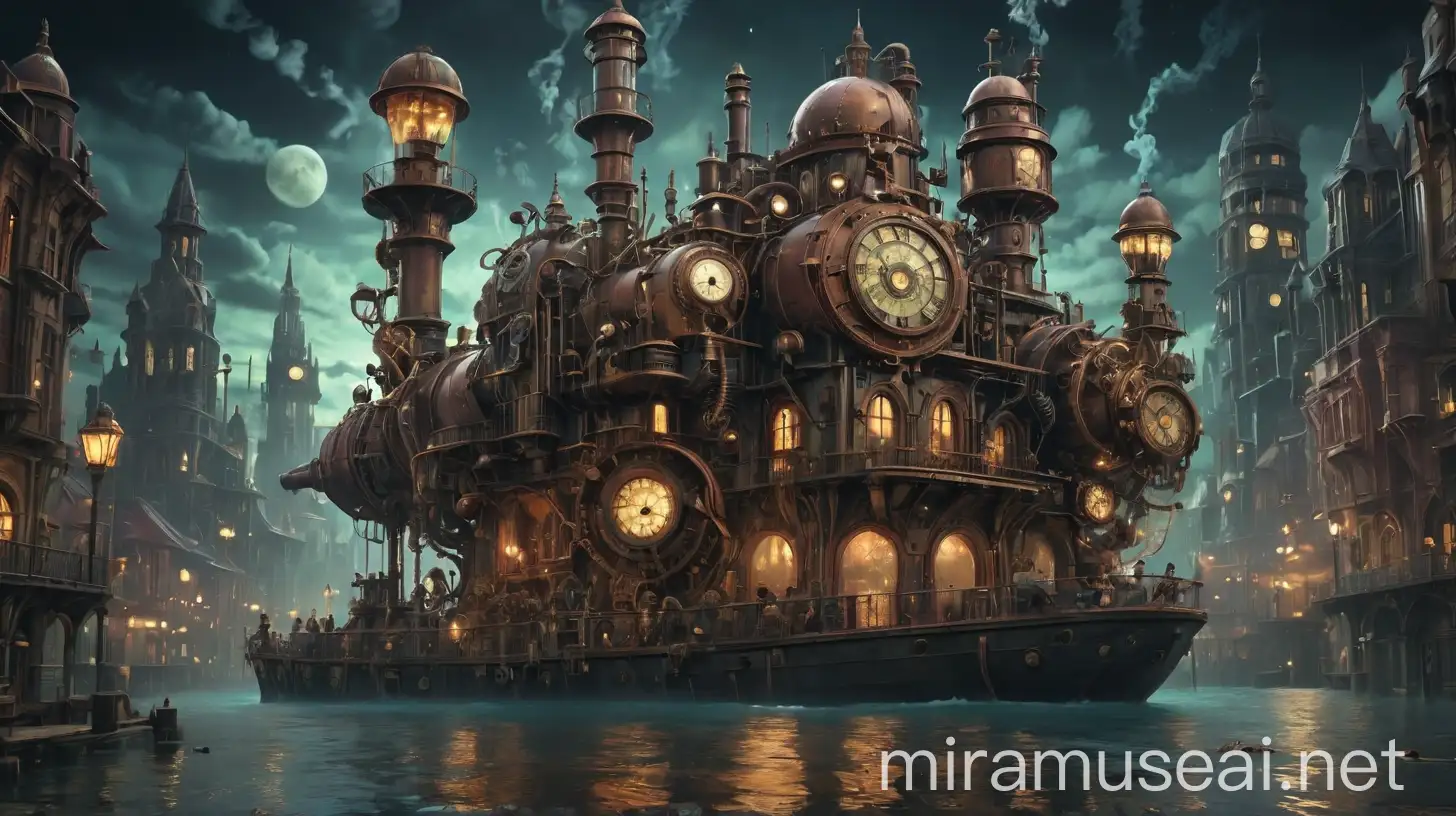 a psychodelic vision of a steampunk city by night, with fractals, and creatures in the water, 8k
