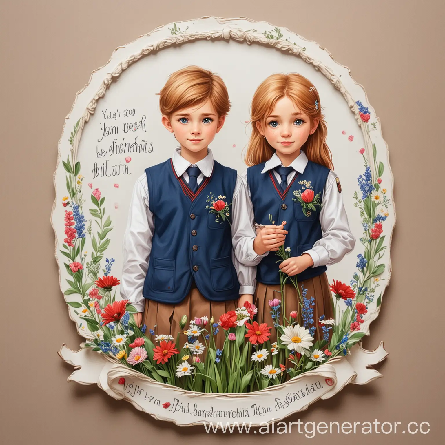 Graduating-Boy-and-Girl-in-School-Uniforms-with-Flowers-Best-Wishes
