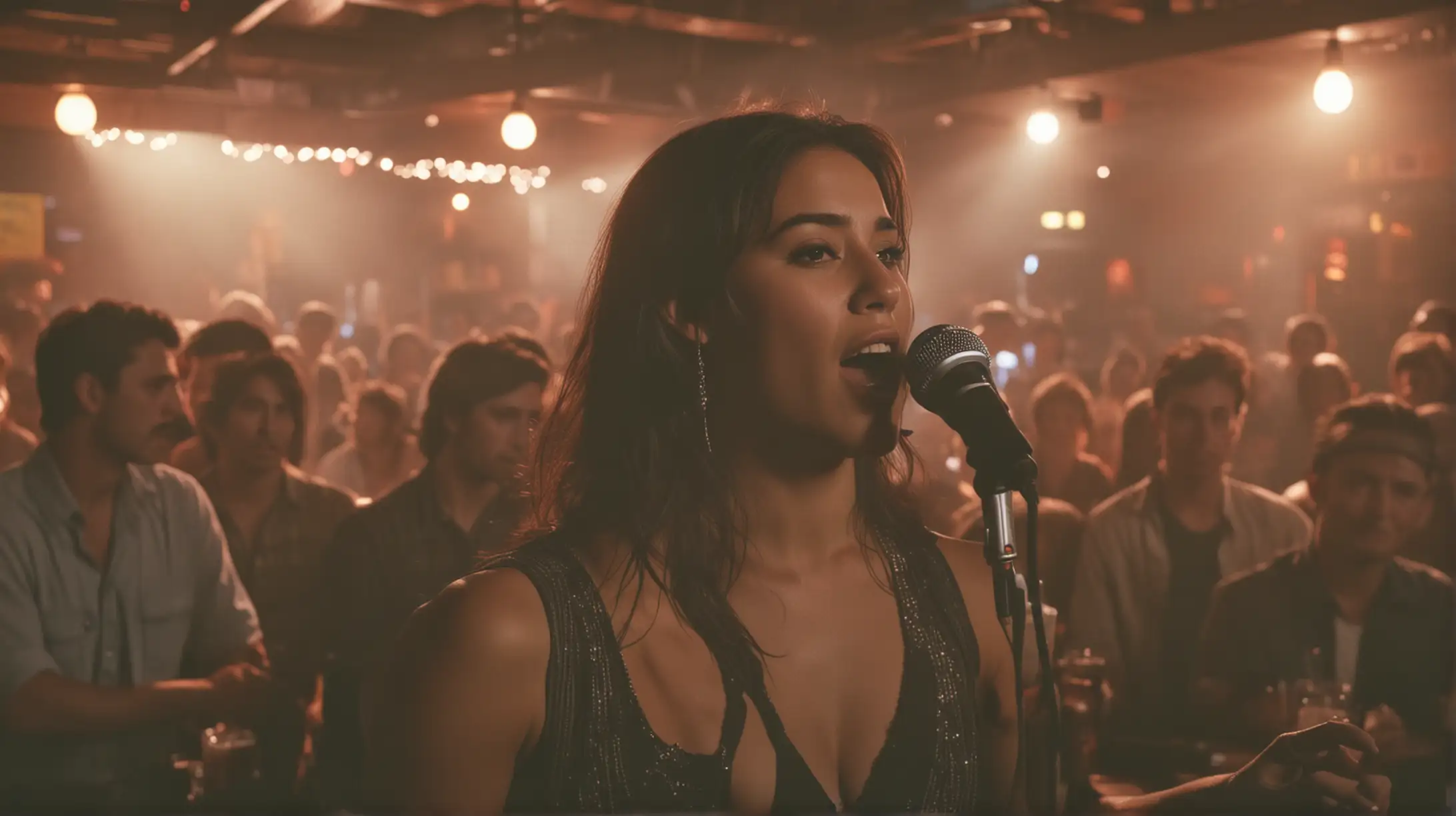 crowded Roadhouse bar, ONE Mexican girl singing on stage, smokey, mood lighting, chaos, photo realistic, cinematic, 35mm film, 50mm lens, medium close shot