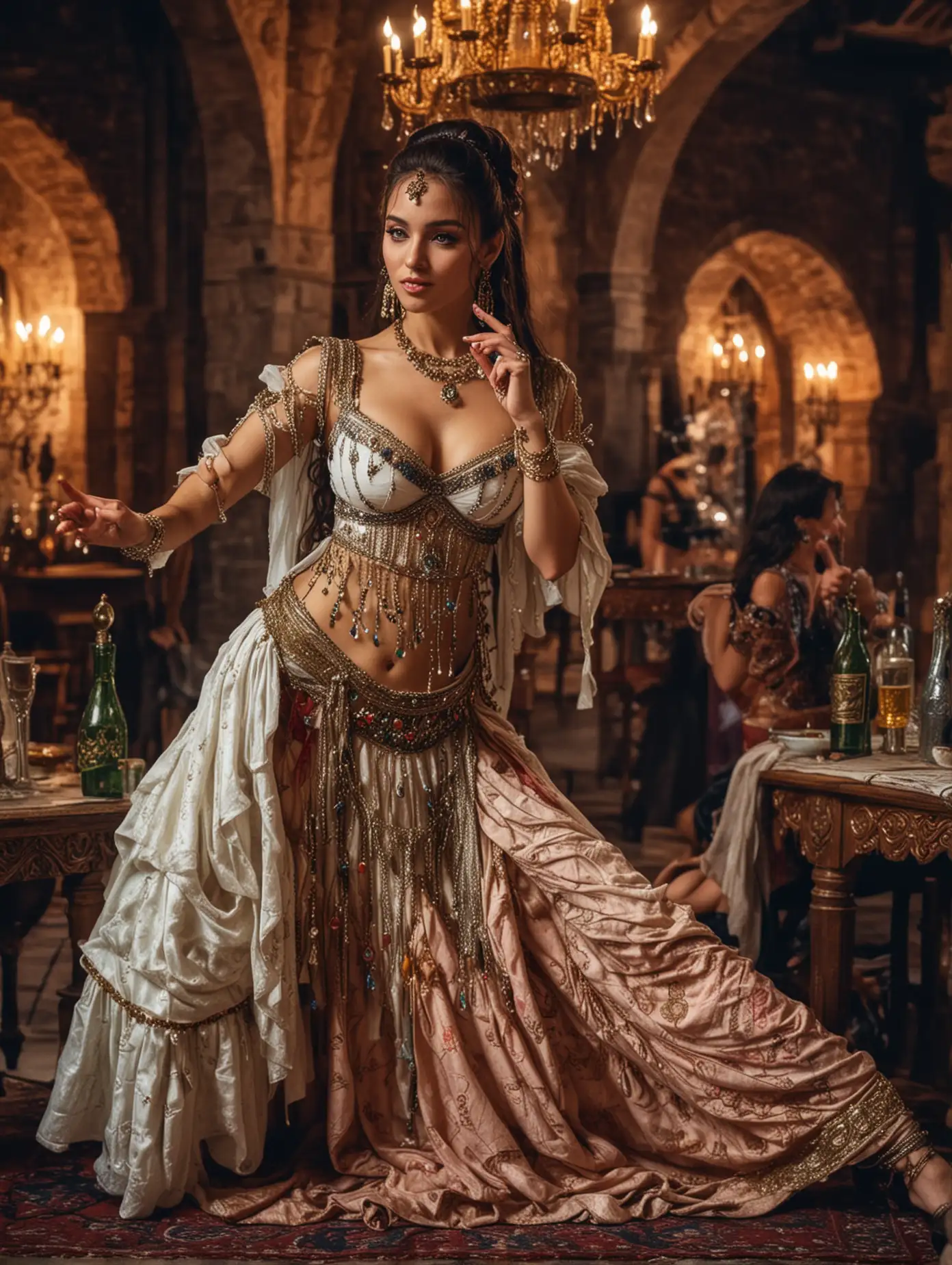 A hall in 17th century castle, very close view of very beautiful and gorgeous belly dancer makes a warning with raised finger to a joyful young man, light dress, sitting at a table with bottles and dishes opposite each other, at night
