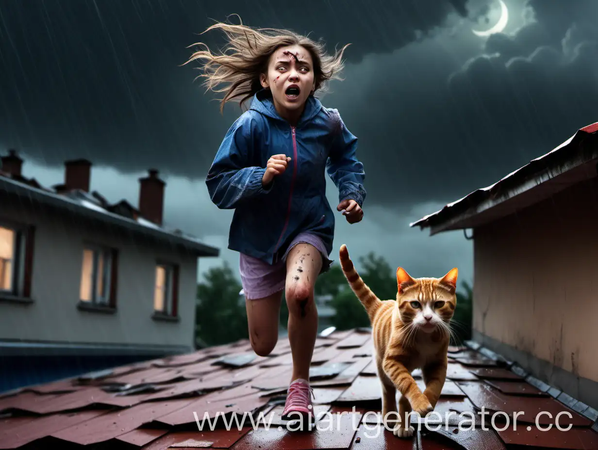 Девушка убегающая от злых кошек по крыше дома. Ночью на высоте в дождь, Морщится от боли, вся в царапинах и ссадинах, Порванная, разодранное одежда.