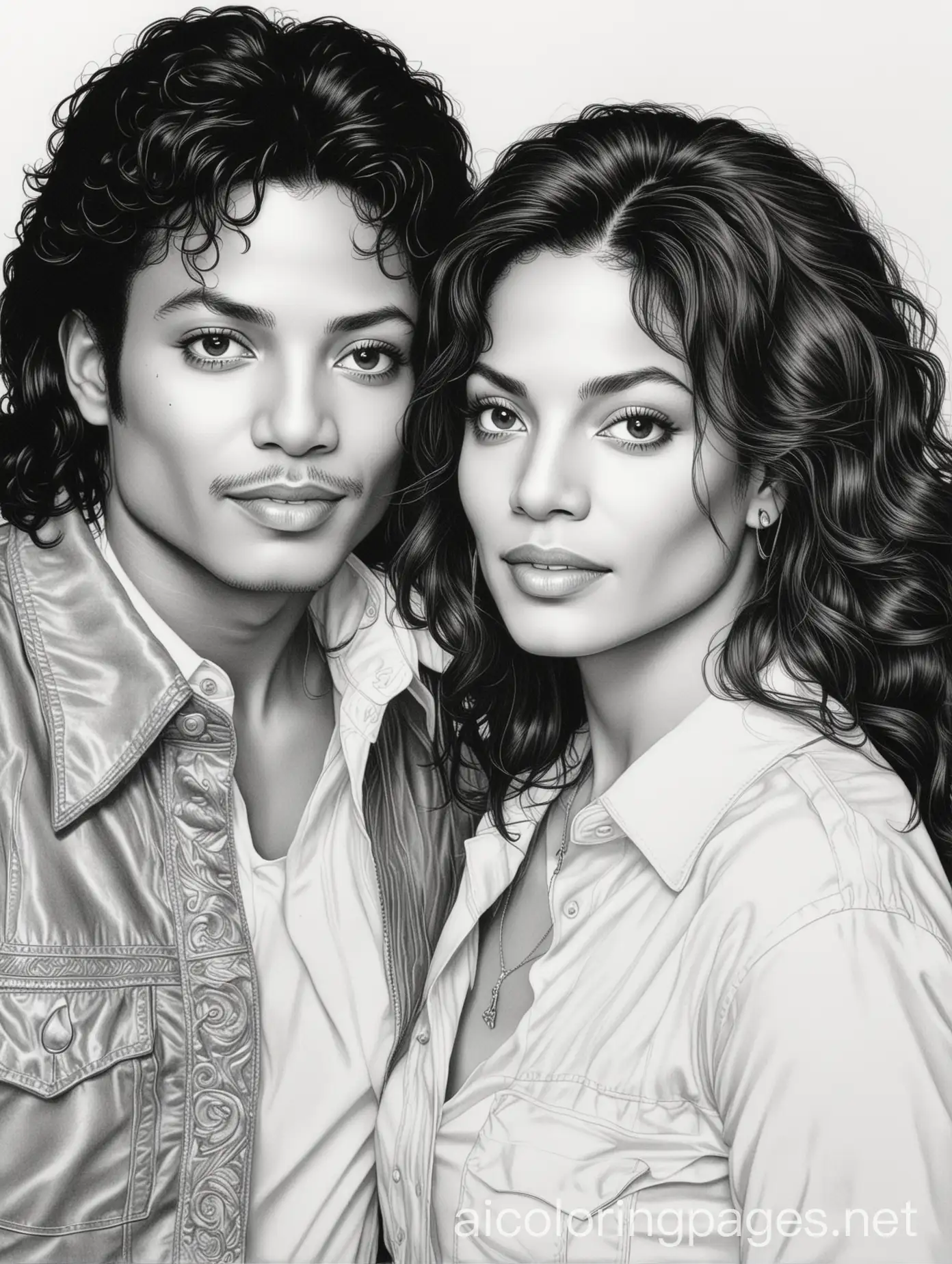 Michael jackson and Maripily Rivera, Coloring Page, black and white, line art, white background, Simplicity, Ample White Space. The background of the coloring page is plain white to make it easy for young children to color within the lines. The outlines of all the subjects are easy to distinguish, making it simple for kids to color without too much difficulty