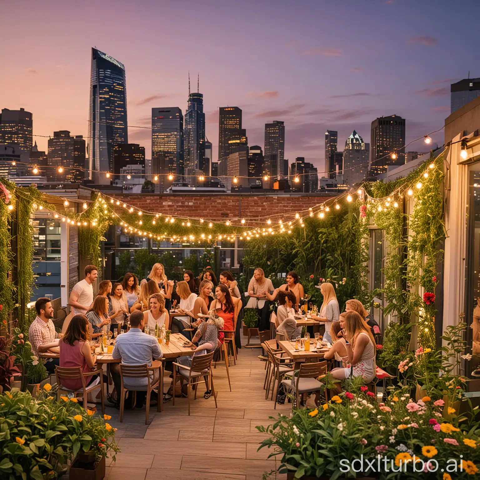 A vibrant rooftop garden party in a modern city. The garden is lush with green plants and colorful flowers, and string lights hang above. A diverse group of people, in summer casual wear, enjoy conversations over cocktails, with a city skyline in the background during sunset.