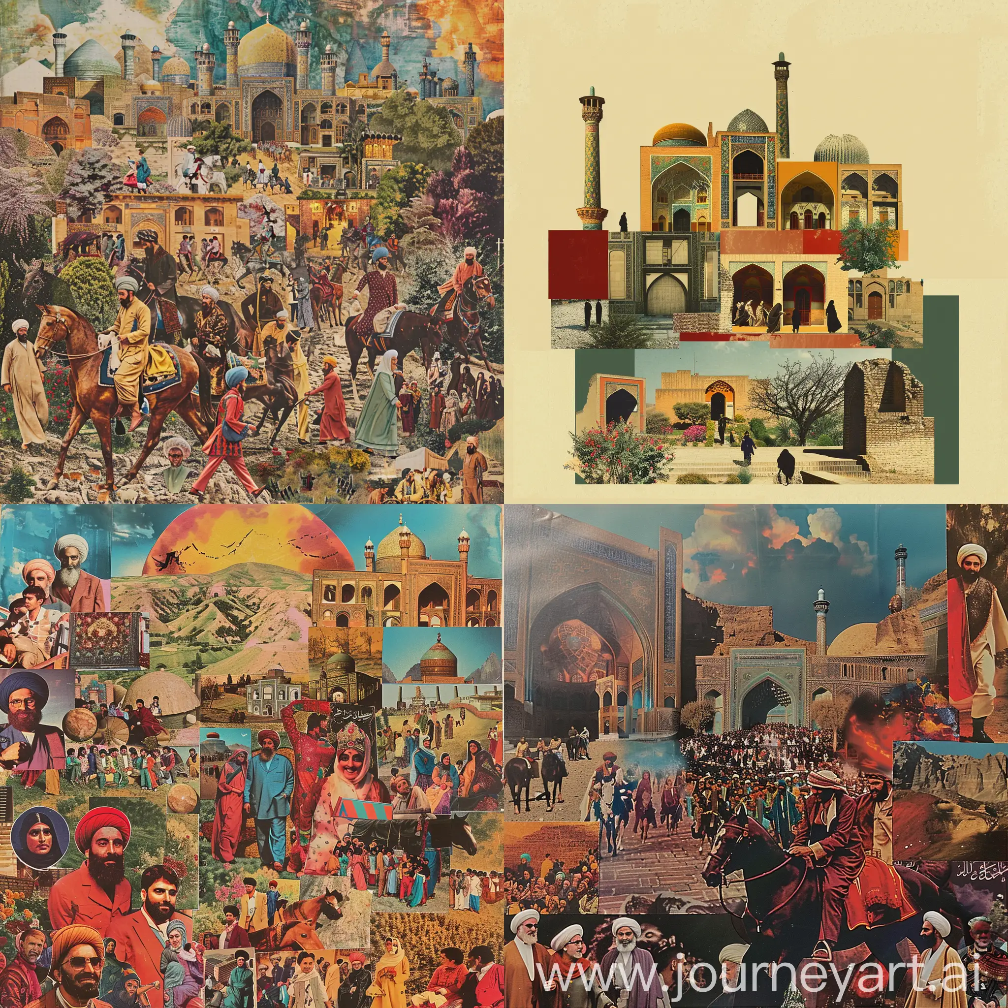 Collage about modern society, tradition, modernity, evolution of Iranian society from ancient to modern