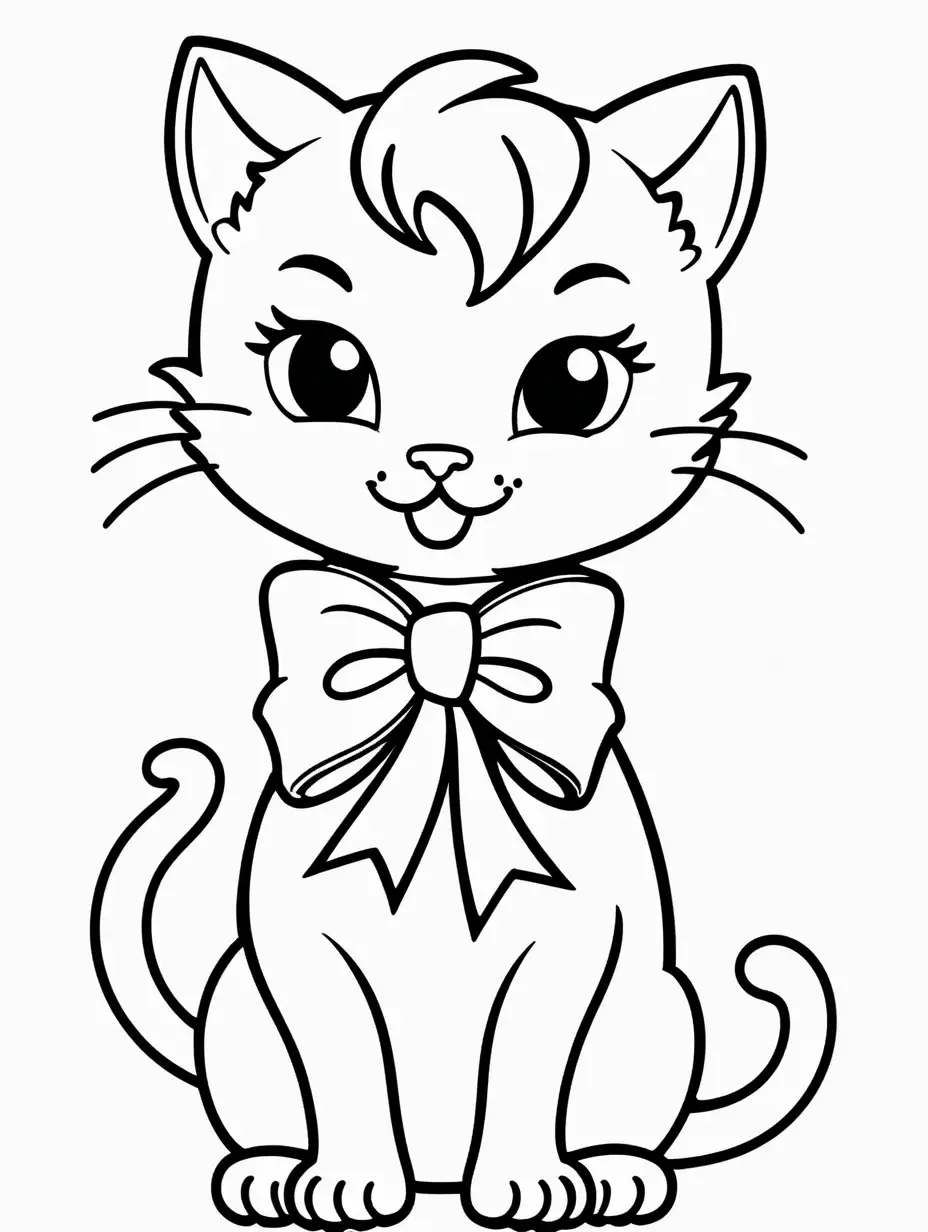 Very easy coloring page for 3 years old toddler. Smile kitten with bow. Without shadows. Thick black outline, without colors and big  details. White background.