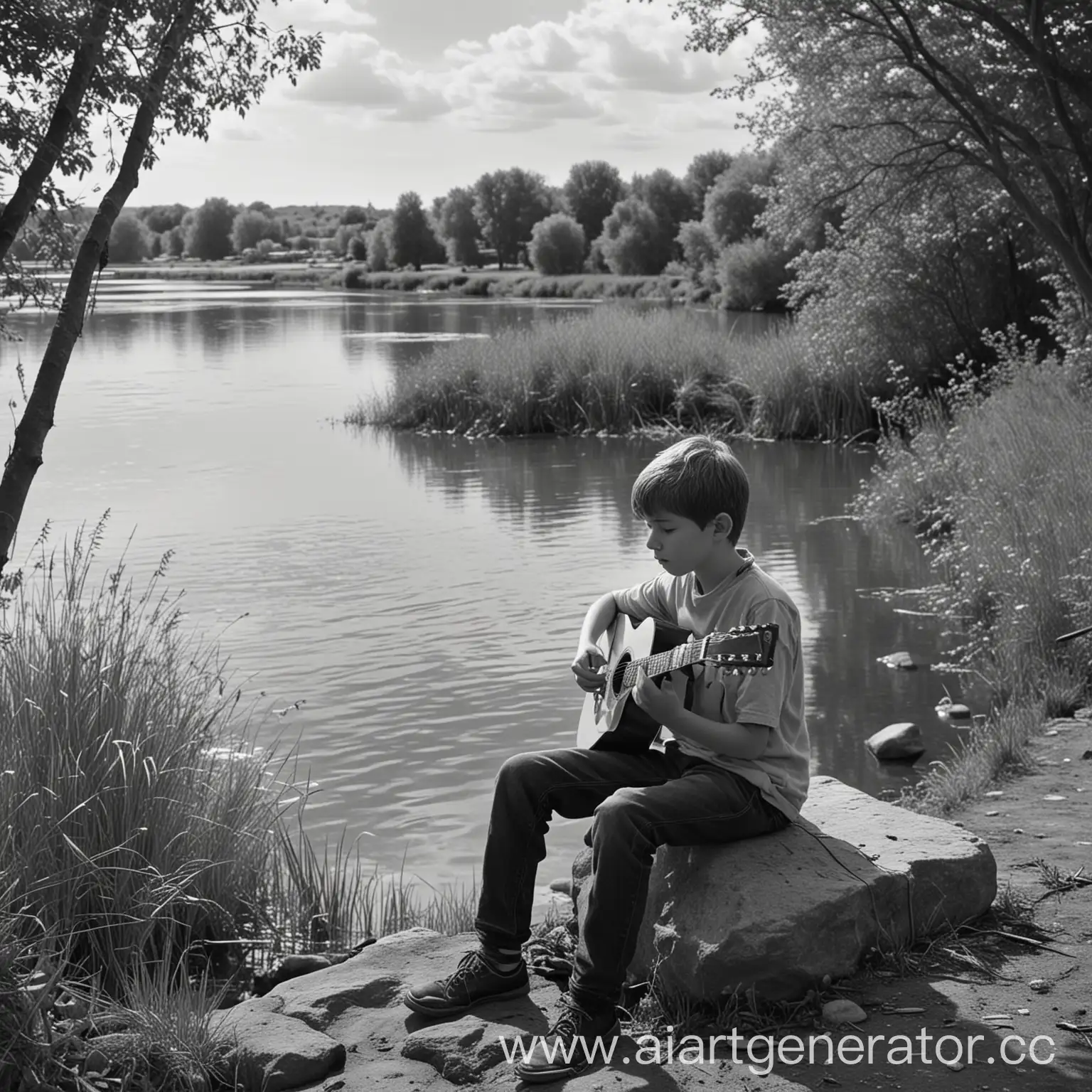 Boy-Playing-Guitar-by-the-River-in-Monochrome