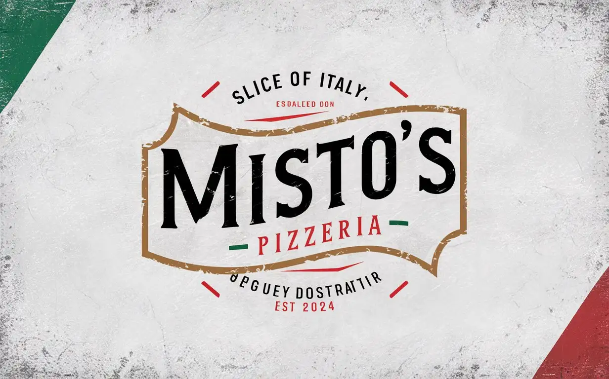 Misto's Pizzeria , Lettermark , Minimal , Edge decoration, Italian colors , Textured White Background , EST 2024 , Italy flag , Vintage, Rustic, Slogan, Slice of Italy, Adobe Illustration