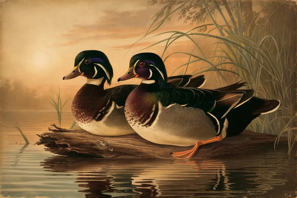 Vintage Print of Wood Ducks Perched on Tranquil Waters