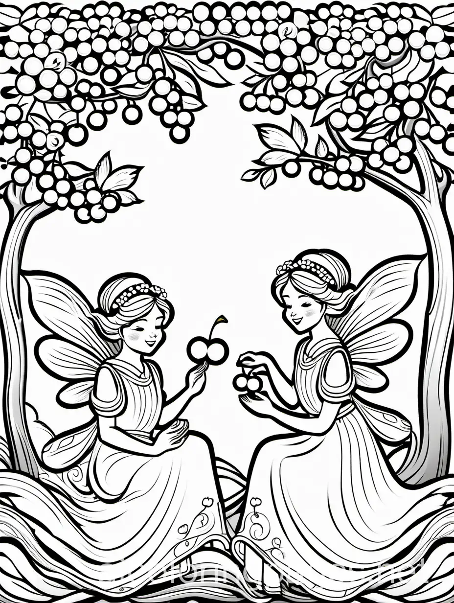 Happy-Fairies-Sitting-on-Cherry-Tree-Branch-Coloring-Page