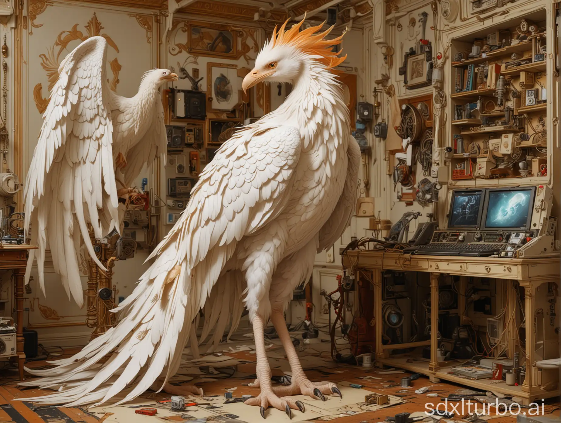 A full body, profile shot of an albino phoenix, with a background of an Explorer room full with gizmos and gadgets,  in the style of painting by Leyendecker.