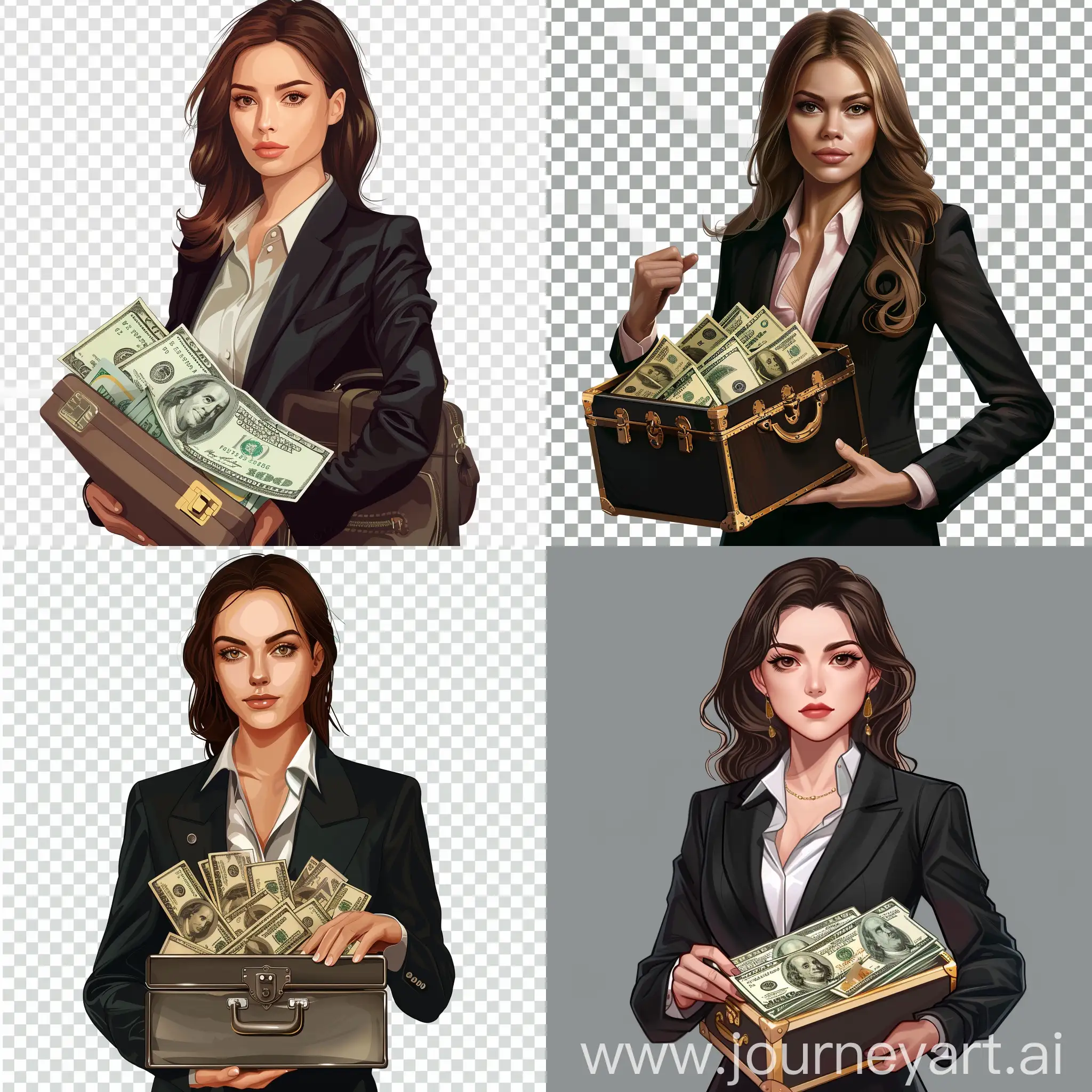 A girl in a black suit in a shirt (business style, office attire) is holding a worker’s suitcase-box with a bunch of dollars, which she shows to us and looks at us. Realistic, a little cartoonish, beautiful, with effects, on a transparent background