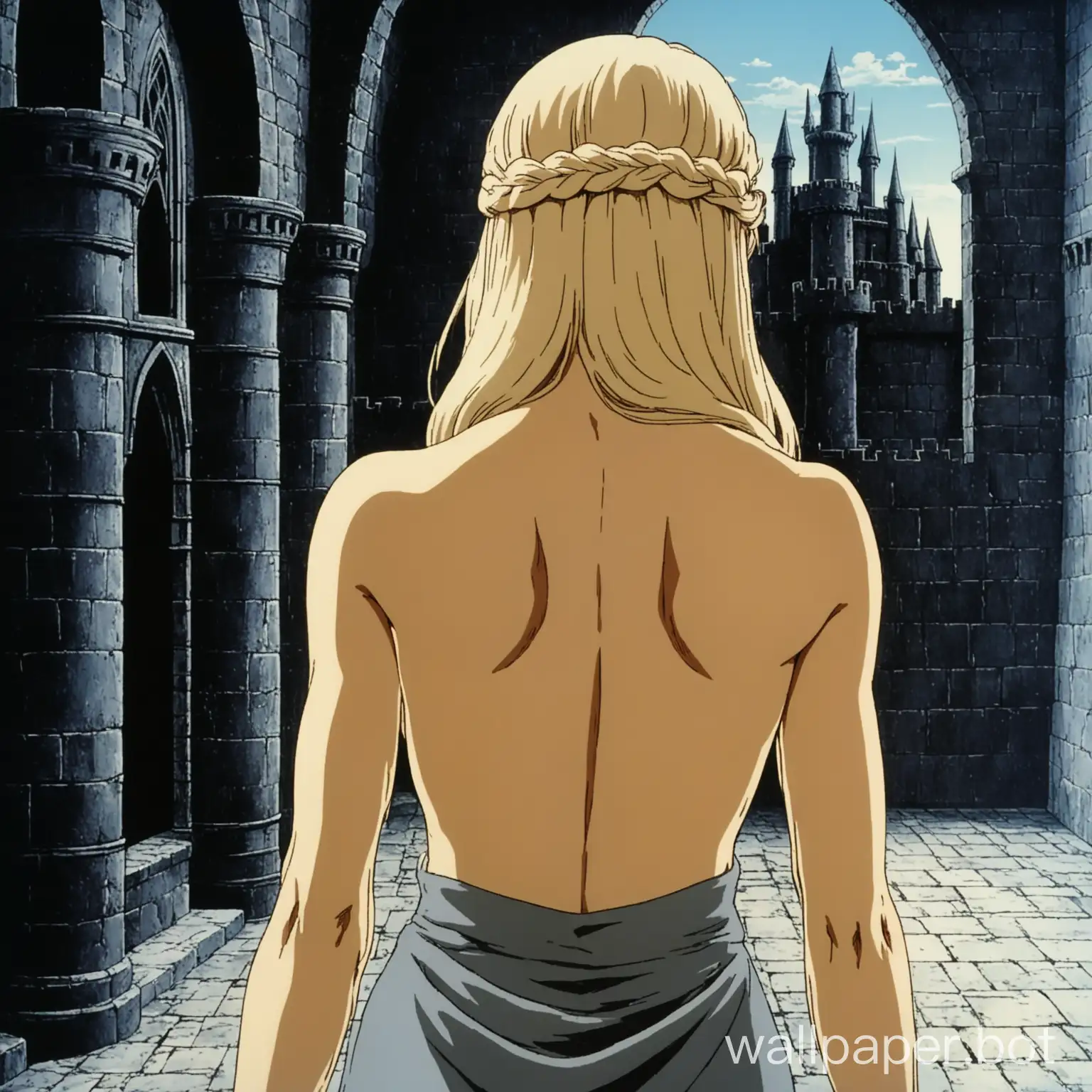 closeup of her back, view from behind, view from directly behind, thin, a young and attractive white woman is standing regally, she has long wavy loosely-braided white-blonde hair, wearing a black blindfold, she is shy and timid, she is showing her back, well-defined back, lower back dimples, elegant and slender, thin sharp face, topless, midriff, very skinny waist, thin torso, wearing a dark grey long skirt, bare shoulders, very detailed back musculature, shoulder blades, castle interior, 1980s retro anime, dark souls 3 Firekeeper, Hidetaka Miyazaki