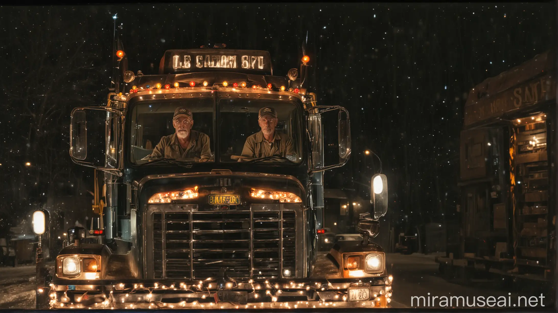 ageing truck driver, Eric Roberts, in his 18-wheeler cab at night, fairy lights inside, mementos on dashboard such as snow globes, old photo booth pictures, 35mm, wide angle lens, cinematic, 16:9 AR