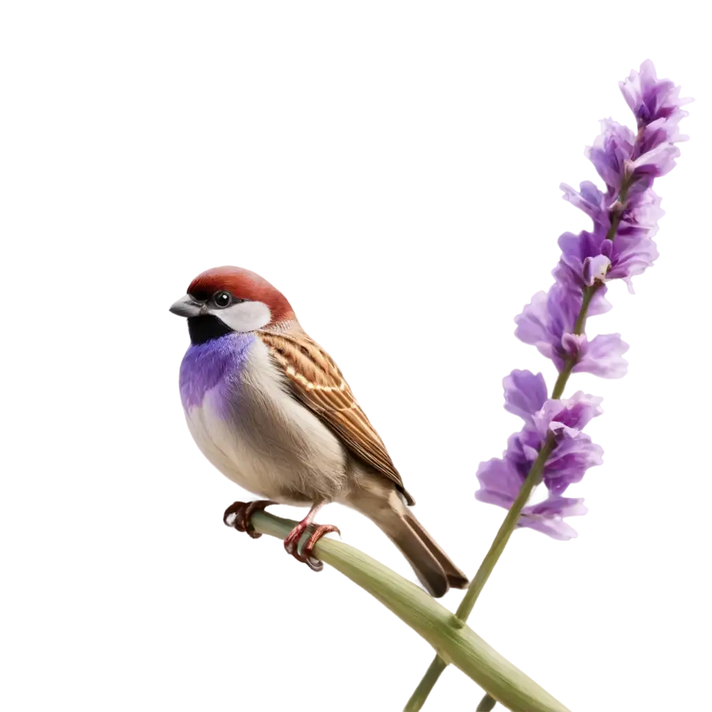 A stunning, high-resolution photograph of a tiny house sparrow perched atop a vibrant lavender blossom. The bird's delicate and finely detailed plumage is a vivid blend of colors, resembling a serpentine pattern with fine lines. Each feather is adorned with brilliant seeds that sparkle like gems in the radiant light. The realistic photography techniques create a surreal atmosphere, blurring the lines between the natural and the artistic. This exquisite moment of culinary inspiration is captured in stunning 4K clarity, inviting viewers to immerse themselves in the intricate details and lose themselves in the beauty of this captivating masterpiece., vibrant