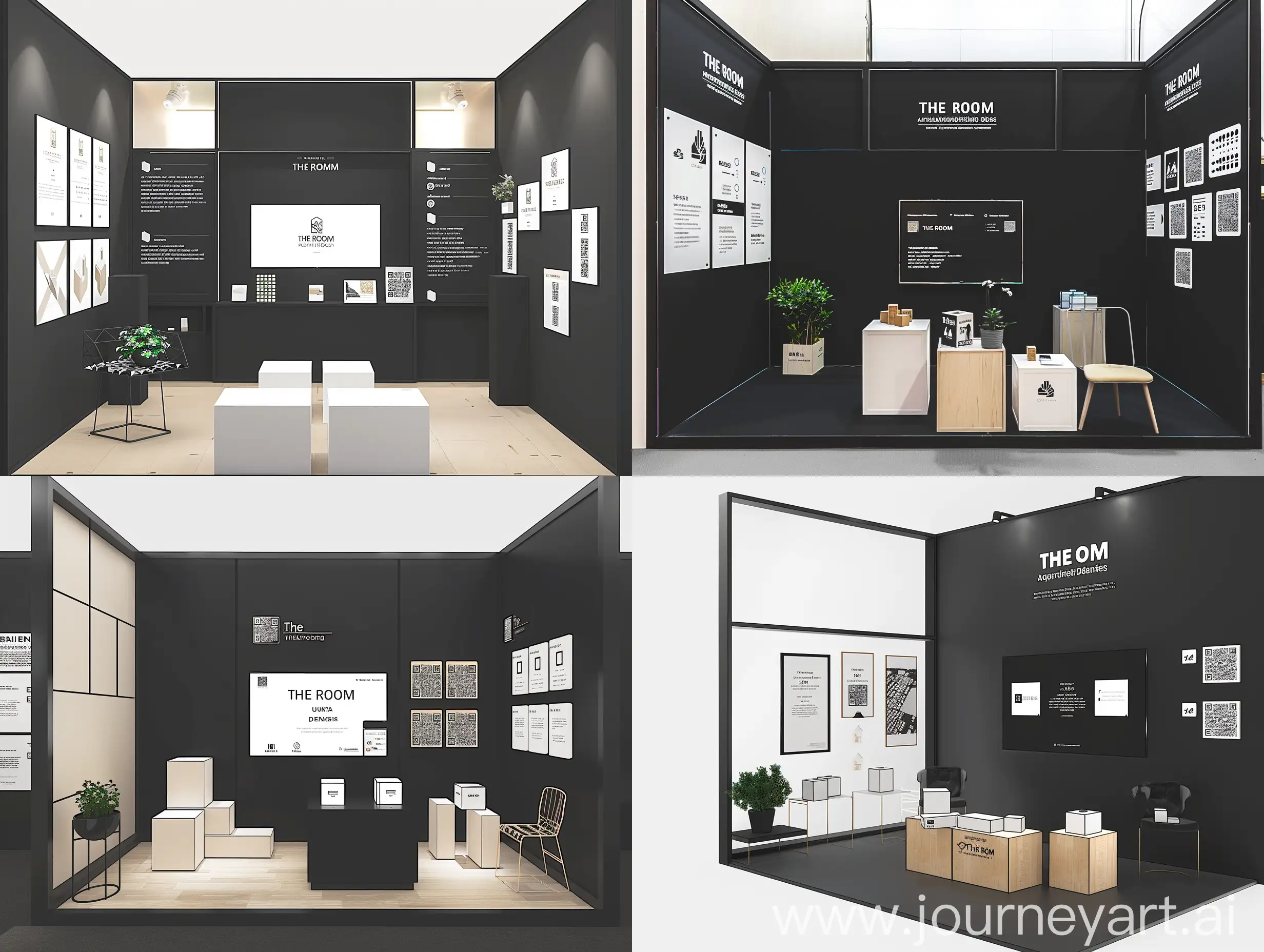 An interior design booth, black-white-warm mood tone, modern design, simple, artistic and functional. There is black a back wall at the middle with The Room Architecture and Design logo and smart TV showing the company architectural design service. the right side back wall shows QR codes with some steps to download a VR models. the left side is black frame with company postures hanging, 2 chairs with planter pot. At the front, there are 3 modular box with architectural physical models, small qr codes cubes, and architectural games. 