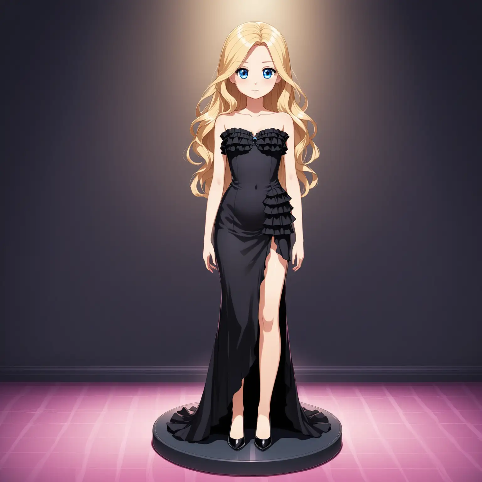 Elegant Chelsea Doll in Black Evening Dress on Pedestal