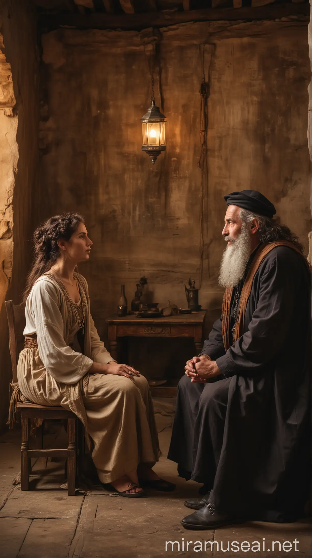 A beautiful Jewish woman talk with a  Jewish 50 year old man in ancient dimly room in ancient world 
